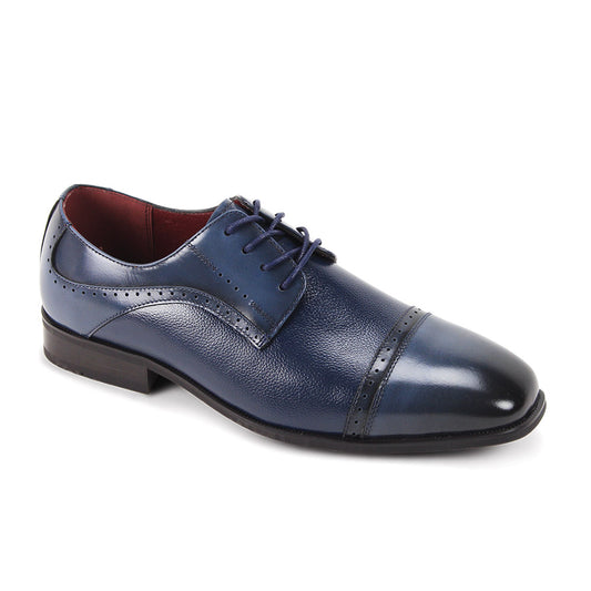 The Giorgio Venturi Giorgio 7076 Navy Leather Shoes feature genuine blue leather, black accents, lace-up closure, a low heel, and perforated detailing on the toe and sides.