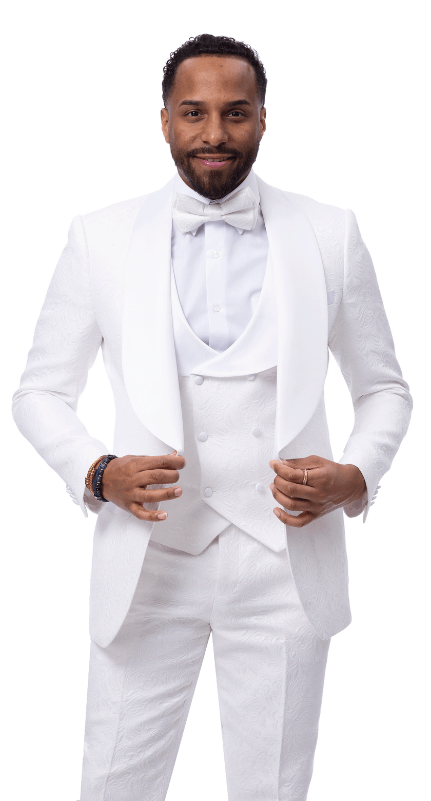 A man wears the EJ SAMUEL White Suit JP138 with a bow tie, standing against a plain white background, looking at the camera and smiling.