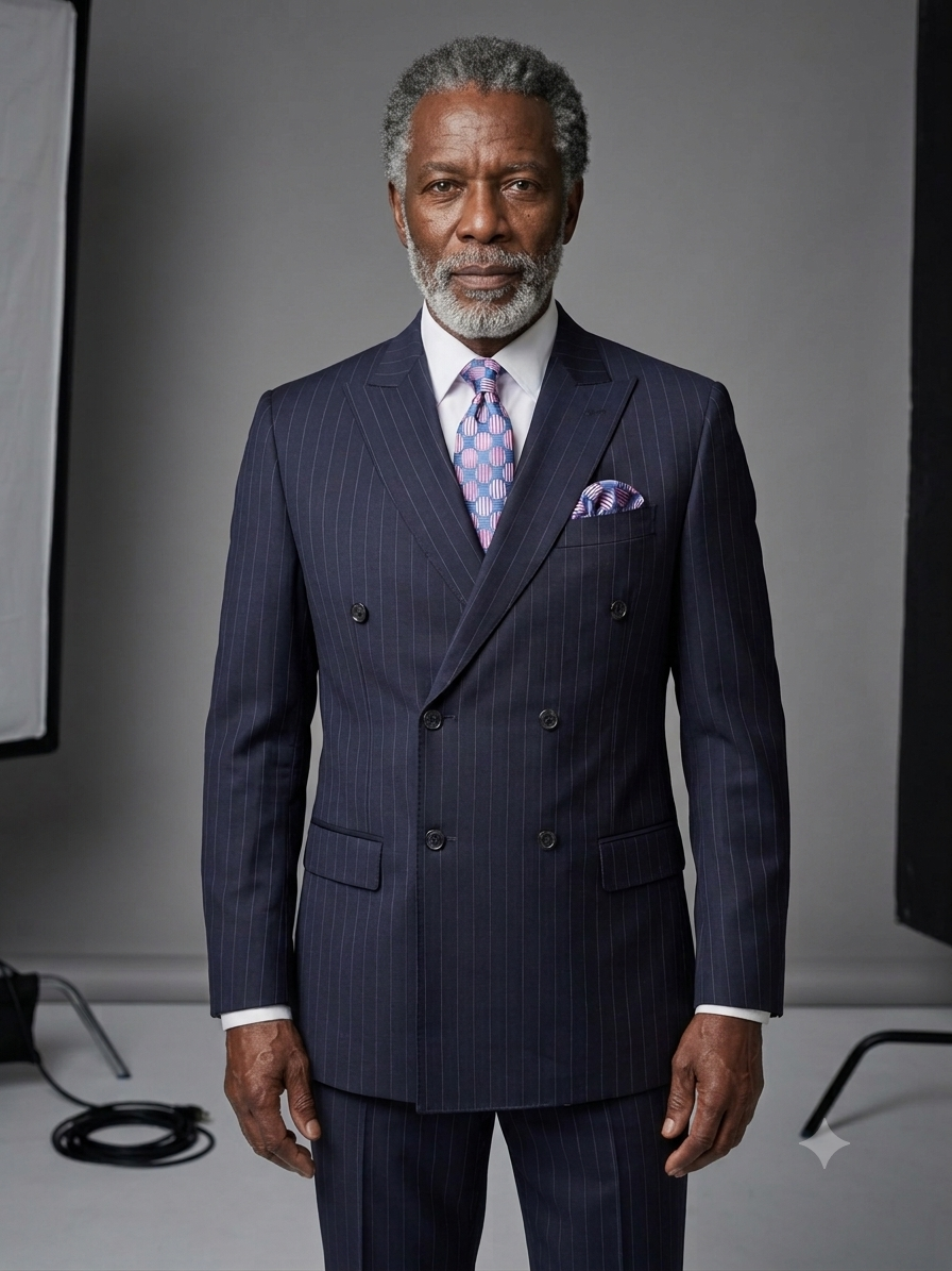 A distinguished older man with gray hair and a beard is wearing the Tiglio Luxe PISTOIA Modern Fit Navy Pinstripe Double Breasted Suit by Tiglio, complemented by a patterned tie and pocket square, as he stands against a plain studio backdrop.