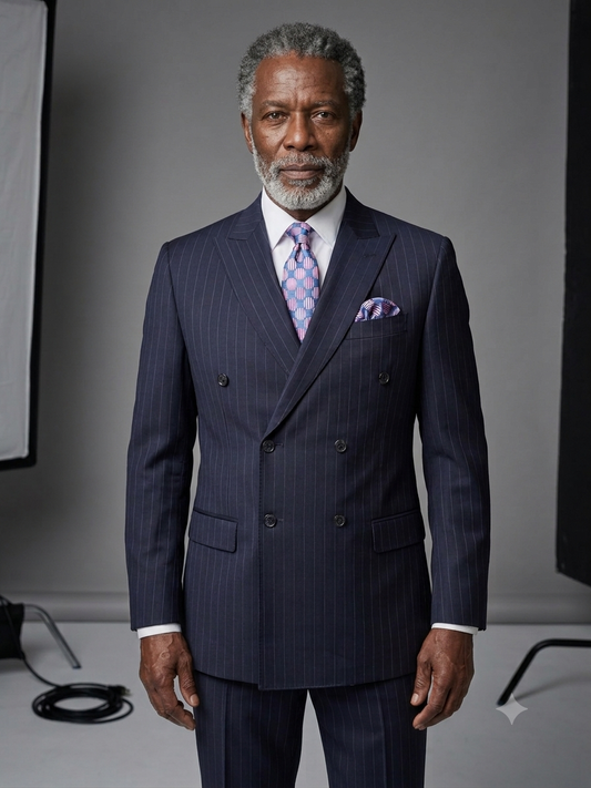 A distinguished older man with gray hair and a beard is wearing the Tiglio Luxe PISTOIA Modern Fit Navy Pinstripe Double Breasted Suit by Tiglio, complemented by a patterned tie and pocket square, as he stands against a plain studio backdrop.