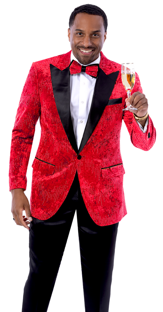 A man wearing the EJ SAMUEL Red Blazer J207, black pants, and a bow tie smiles while holding a champagne glass against a white background.