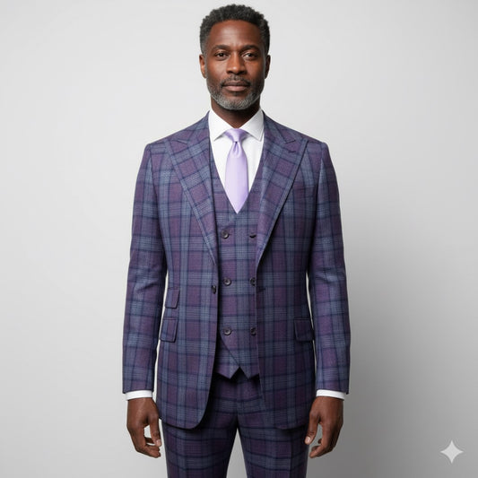 A mannequin wears the Tiglio Rosso Orvietto Lilac/Blue TL7510 suit with a matching vest and lavender tie by Tiglio Rosso, set against a blue background. Available in sizes 40R, 44R, 50R, 52R, 56R, 44L, and 52L.