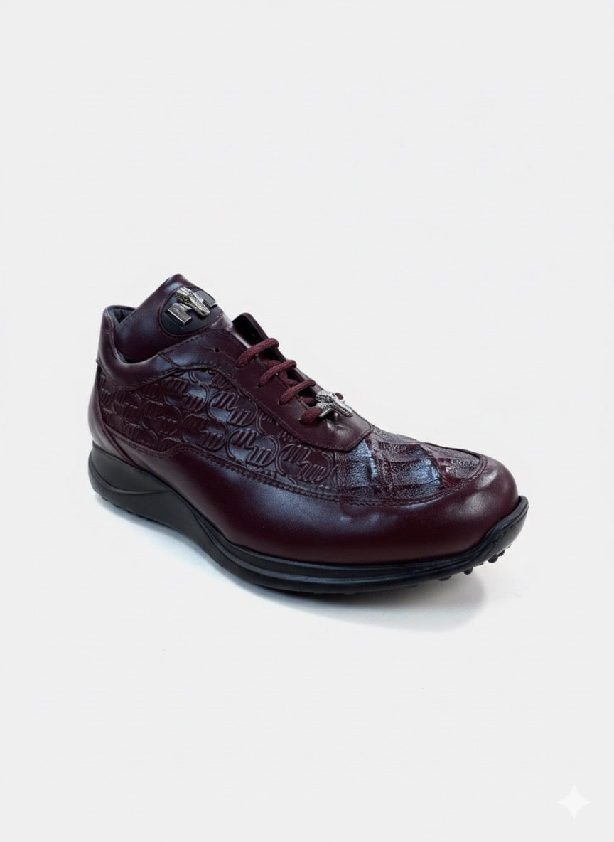 The Mauri 8900/2 Baby Croc / Calf Ruby Red Shoe, a custom Italian sneaker with embossed maroon leather, black sole, and lace-up closure from the brand Mauri, is displayed against a plain white background.