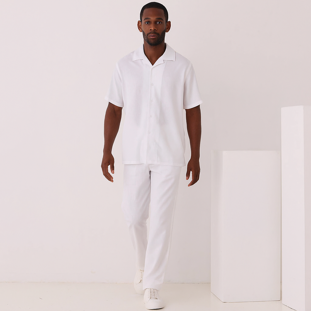 The Inserch 2pc Set features a white short-sleeve microfiber button-up shirt with a spread collar, laid flat on a light background. Brand: Inserch.