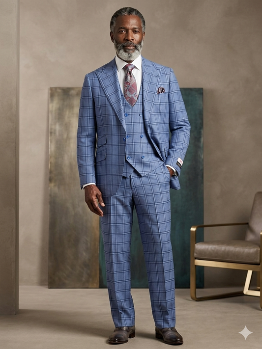 A man in a blue plaid Tiglio Rosso Orvietto Semi Wide Leg Suit TL8315 stands indoors by a chair, facing forward with a neutral expression. The semi wide leg fit gives a modern edge to his classic ensemble.