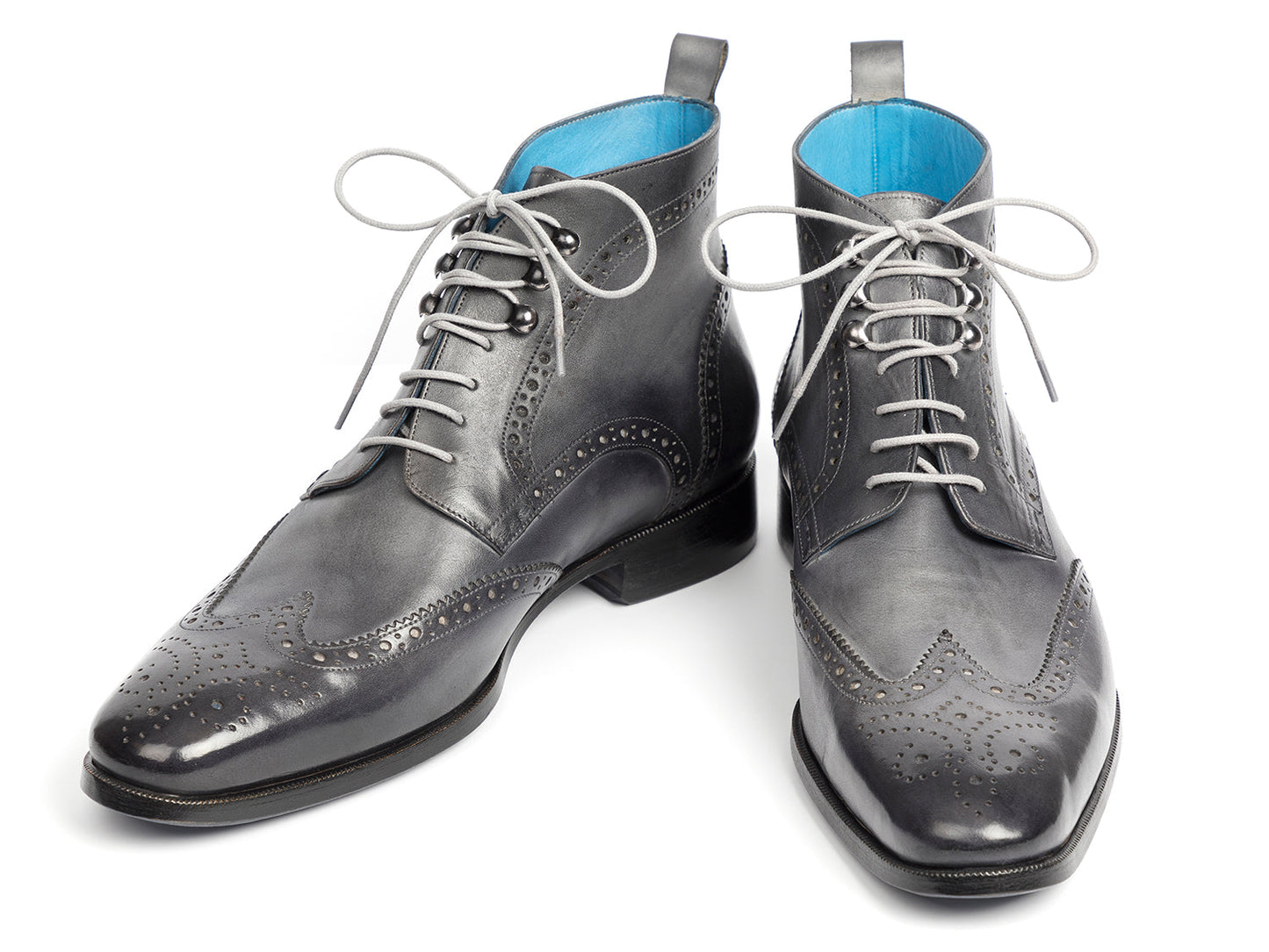 The Paul Parkman Wingtip Ankle Boots Gray Hand-Painted (777-GRAY) feature black hand-painted leather, light gray laces, and a blue inner lining, shown on a white background.