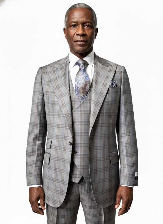 A man wears a Tiglio Rosso Orvietto Grey/Brown/Blue Plaid Semi Wide Leg suit (TL9339), standing forward against a plain white background.