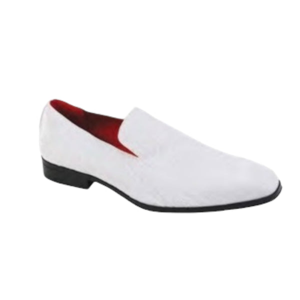 The After Midnight 7017 WHITE PAISLEY loafer by AFTER MIDNIGHT is a white satin design with a black sole, sleek buckle, and red interior.