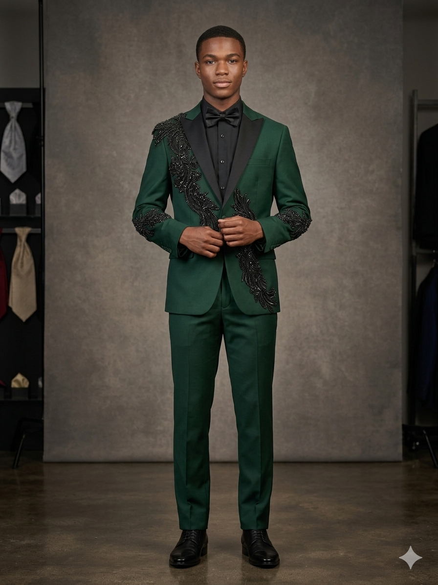 A man stands in a studio wearing the Unique Design Menswear Custom prom suit in green/black with black lapels, paired with a black shirt and bow tie. Tailored suits and ties from the brand are displayed in the background.