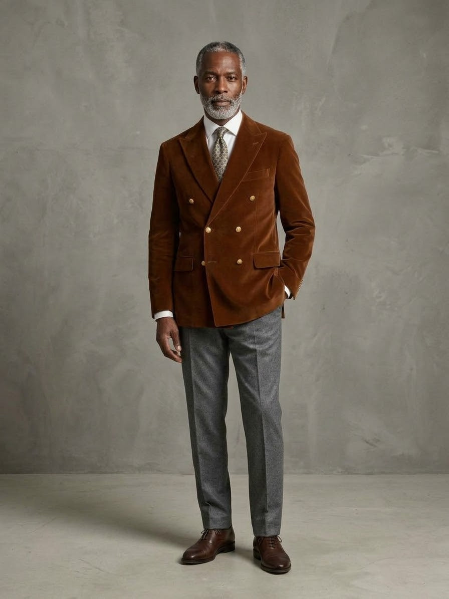 A man wearing an Inserch DB Velvet Blazer BL502 Aztec in brown velvet with peak lapels, a white dress shirt, patterned tie, and grey trousers.