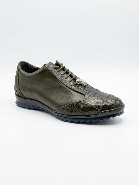 The Los Altos ZEUS Green Ostrich Leg shoes, featuring exotic skins with textured details and laces, are placed on a wooden floor.