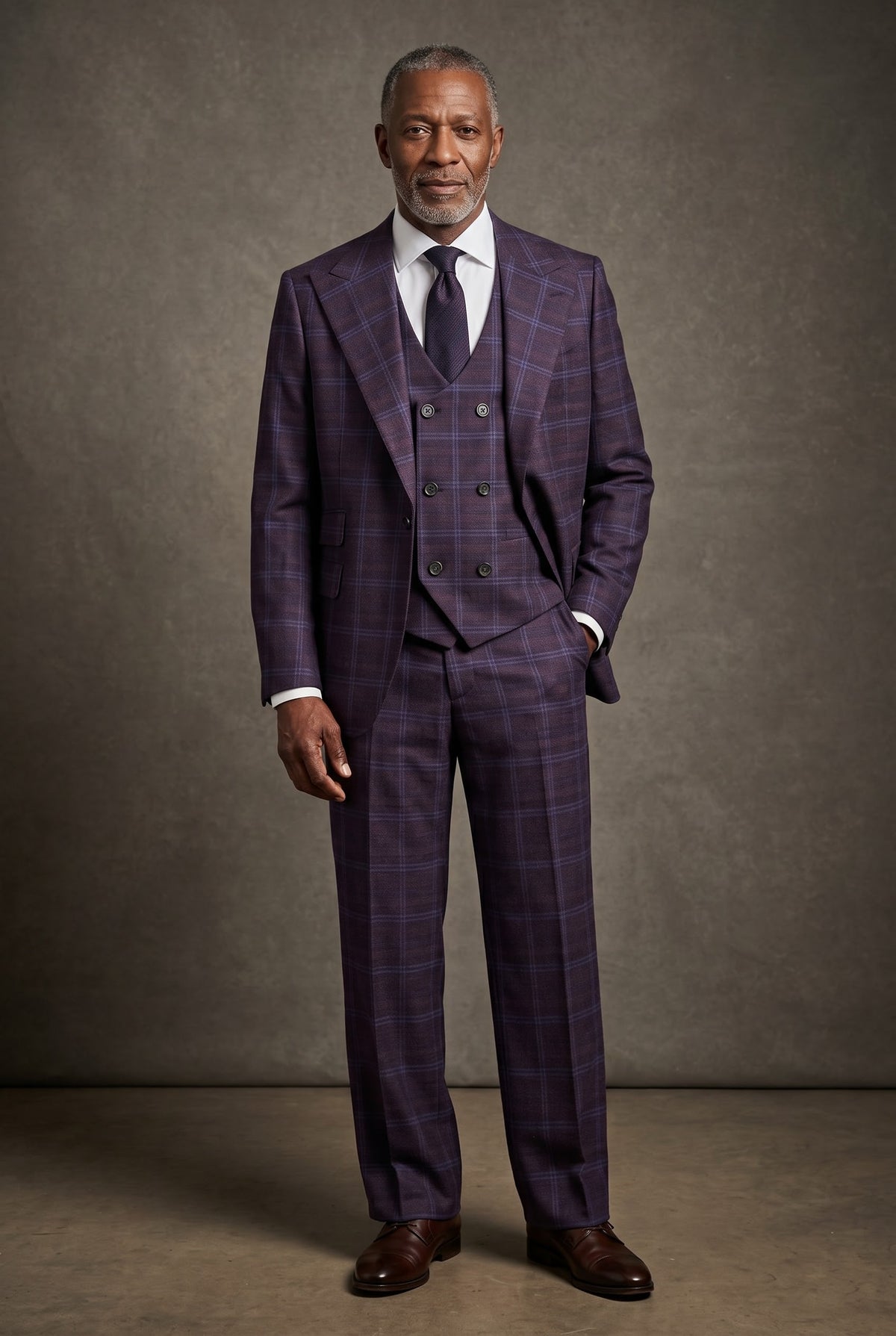 A man wearing a Tiglio Rosso Orvietto Semi Wide Leg Purple/Blue Plaid TL7519 three-piece suit with a white dress shirt and a dark tie.