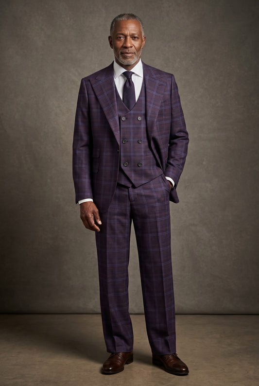 A man wearing a Tiglio Rosso Orvietto Semi Wide Leg Purple/Blue Plaid TL7519 three-piece suit with a white dress shirt and a dark tie.