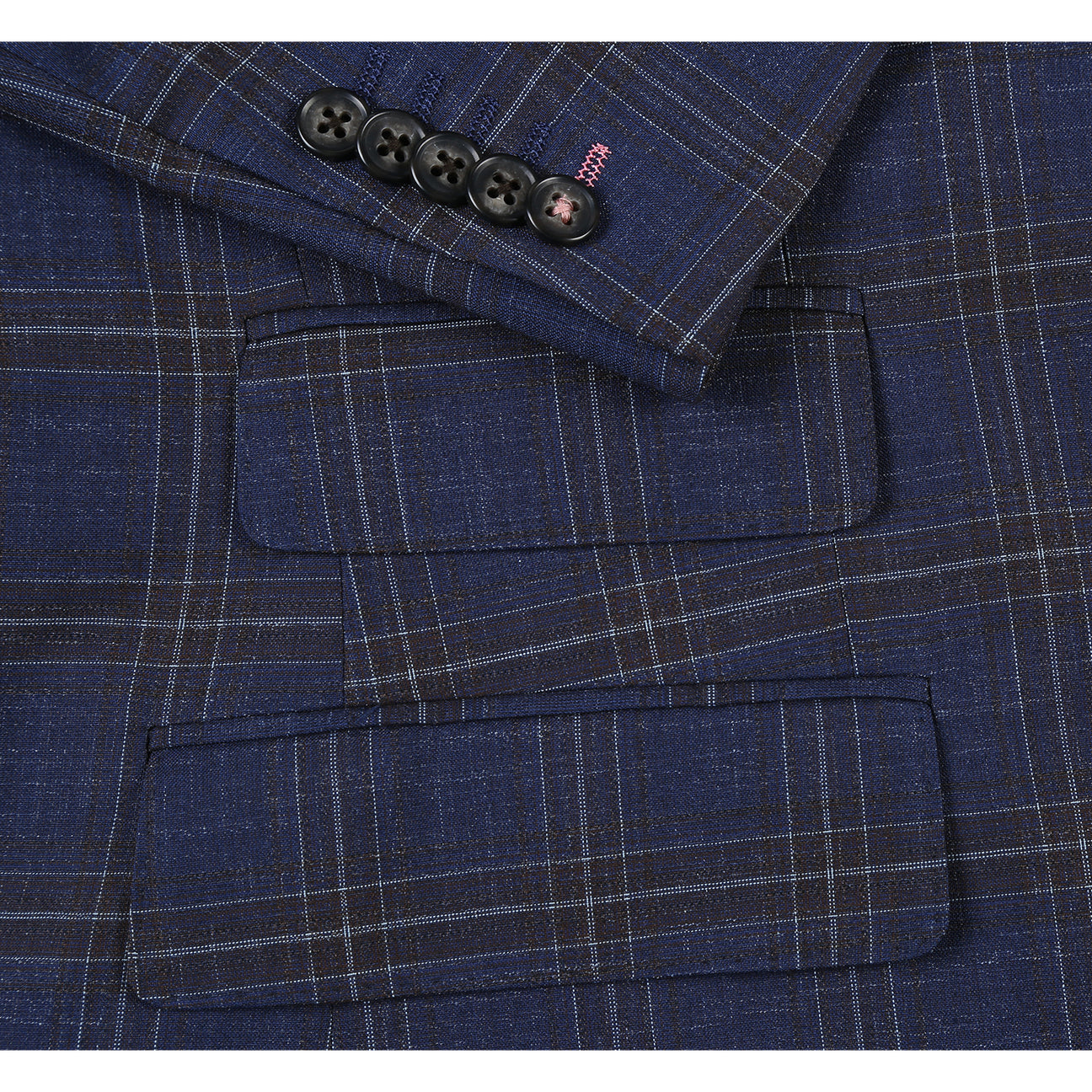 The ENGLISH LAUNDRY TR Suit 12-52-410EL by English Laundry is a slim fit blue plaid jacket with notch lapels, two buttons, and flap pockets, styled over a white dress shirt and red patterned tie on a display mannequin.