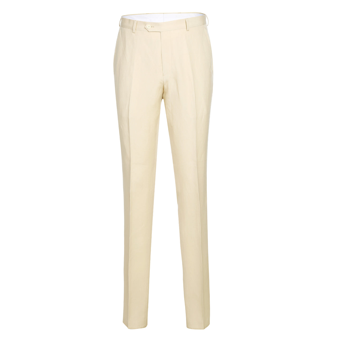 A chic champagne suit jacket from the Alessandro Vitello by Renoir collection, distinguished by a notch lapel and offering a new slim fit, pairs perfectly with a blue tie and crisp white shirt on the mannequin.