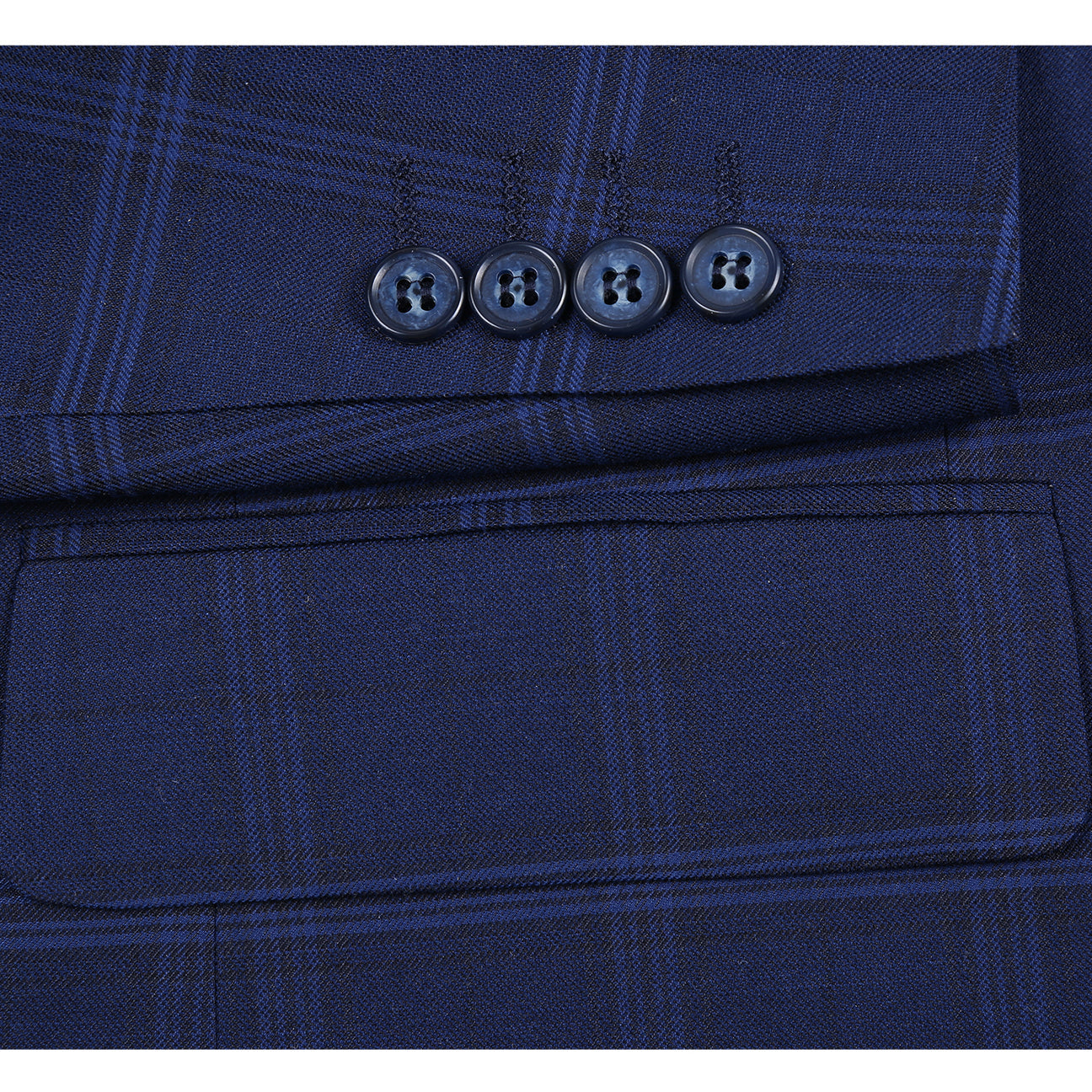 The Renoir Alessandro Vitello Classic Fit Galaxy Blue Suit 293-41 is displayed on a mannequin with a white dress shirt, maroon polka dot tie, and matching pocket square.