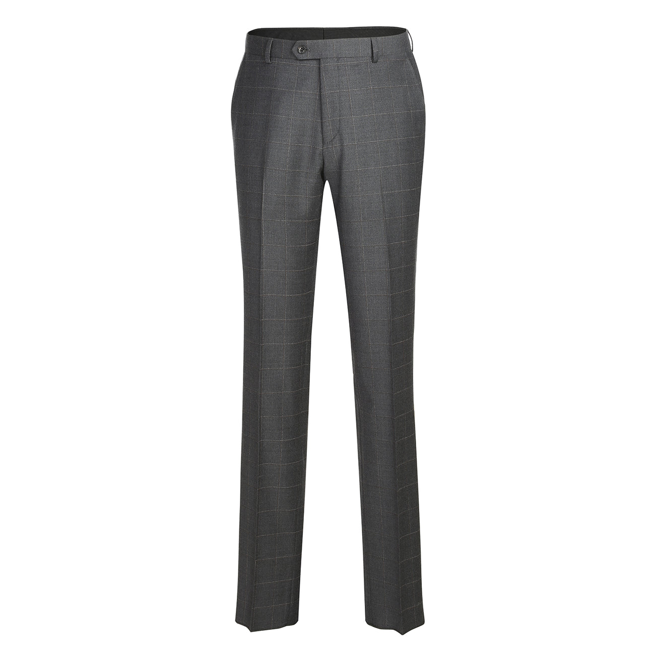 The Renoir Alessandro Vitello Classic Fit Wool Gray Suit 566-6 features a dark gray plaid jacket, paired with a white shirt and blue patterned tie, shown on a mannequin—ideal for those seeking a timeless men's single-breasted suit.