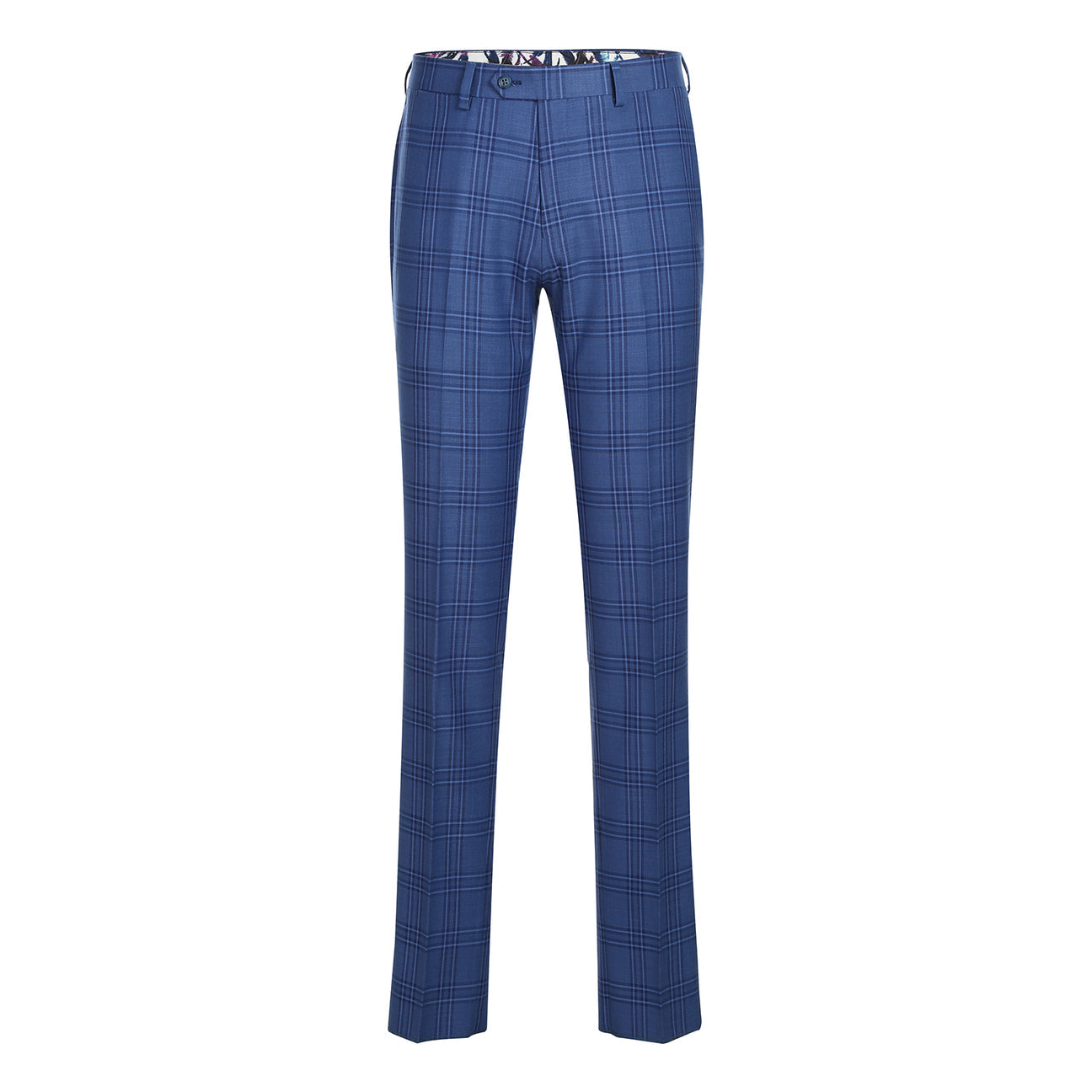 The ENGLISH LAUNDRY Blue Check Suit 12-63-411EL by English Laundry is a slim fit blue plaid blazer with two-button closure, notch lapels, front pockets, and a colorful floral lining, shown on a white background.