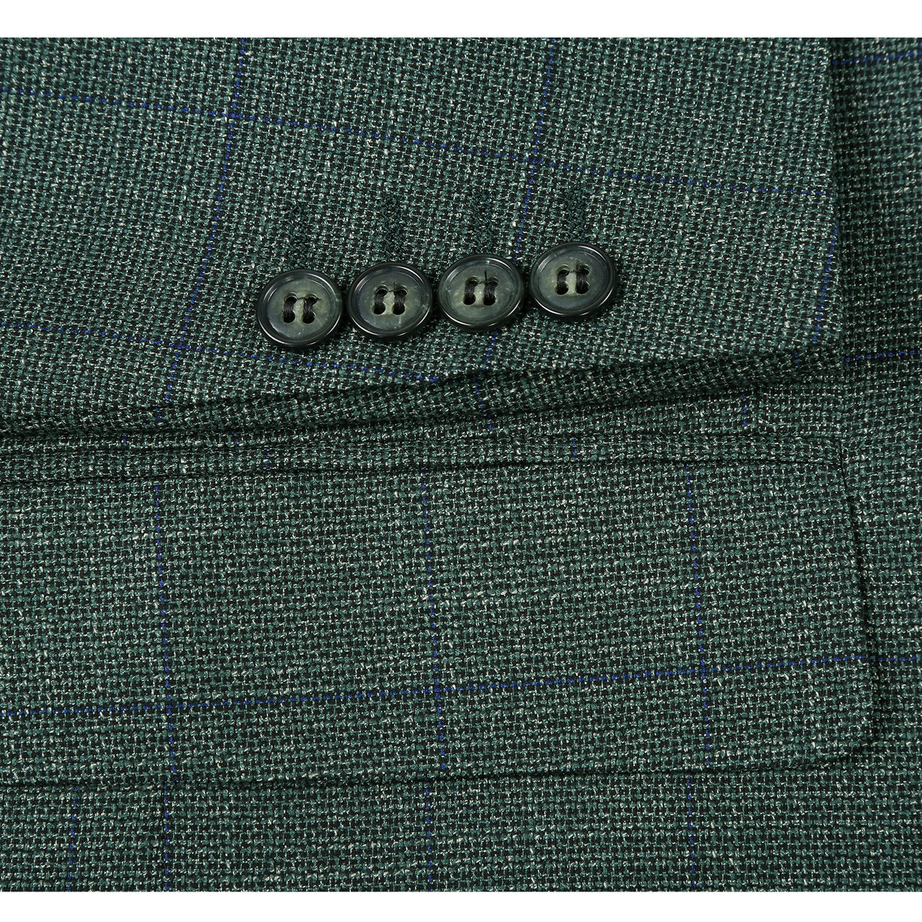 The Alessandro Vitello by Renoir New Slim Fit Green Blazer 294-36 features a dark green plaid, single-breasted design with two buttons, notch lapel, and flap pockets, shown on a mannequin with a white shirt and blue striped tie.