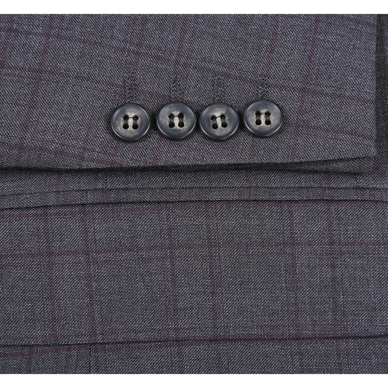 The Alessandro Vitello by Renoir New Slim Fit Gray Suit 293-47 is displayed on a mannequin, featuring a dark gray plaid design, polyester-rayon-spandex blend, paired with a white shirt, red patterned tie, and pocket square.
