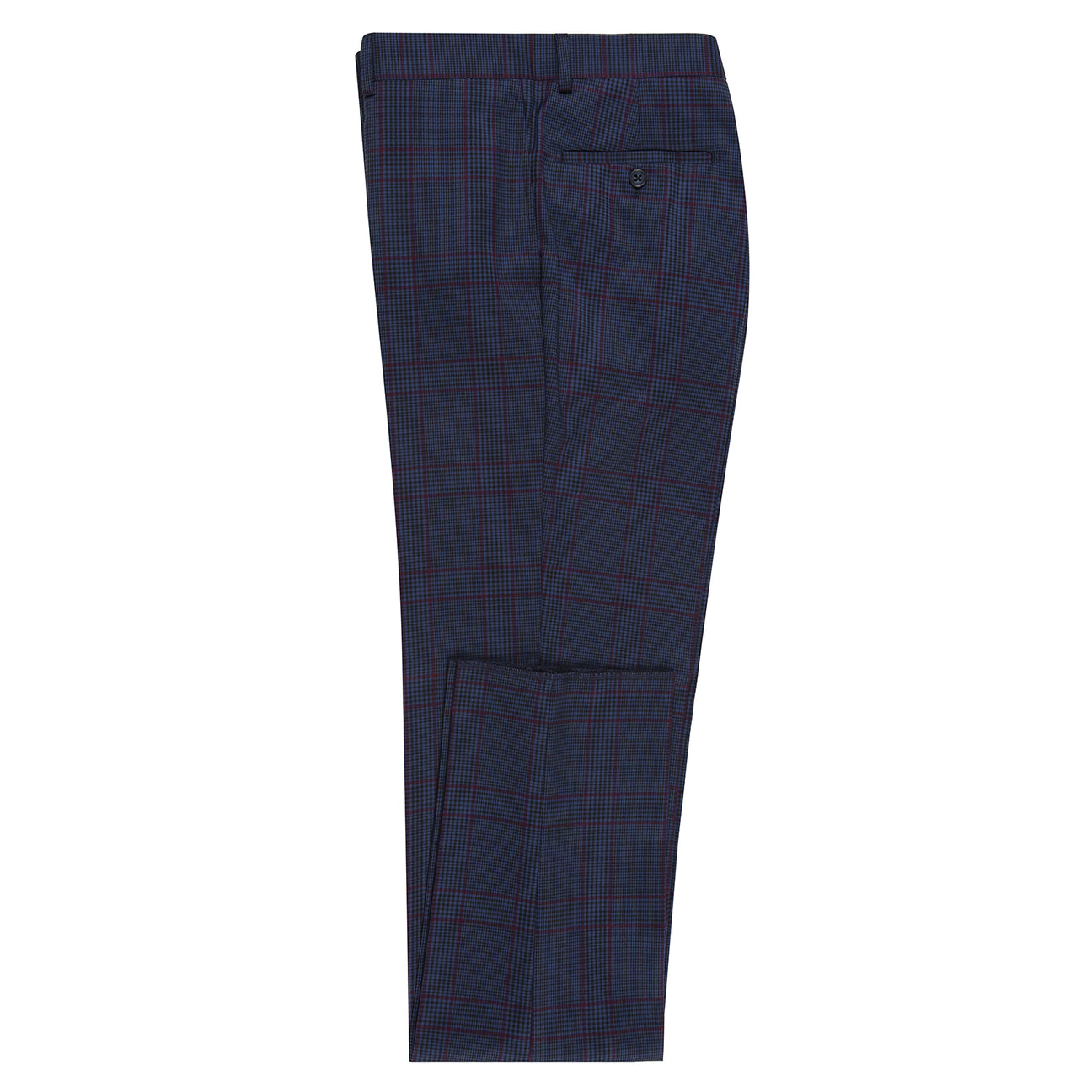 The mannequin displays an ENGLISH LAUNDRY Blue with Burgundy Check Suit, showcasing a slim fit and refined notch lapels. The ensemble is elegantly complemented by a crisp white shirt and a striking red tie, while the two-button closure provides a classic finish.