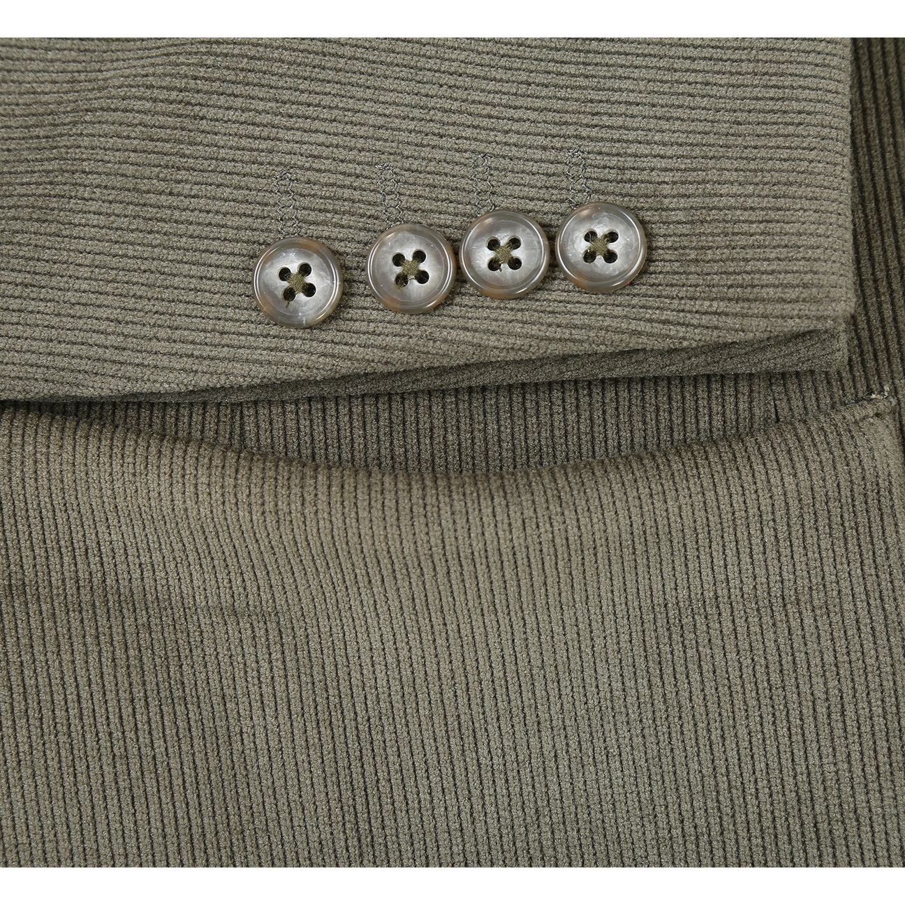 Pellagio Men's Half Canvas Blazer Olive PF24-8 by Pellagio features a slim fit, notched lapel, two-button closure, front patch pockets, and is paired with a striped tie, white dress shirt, and patterned pocket square in the chest pocket.