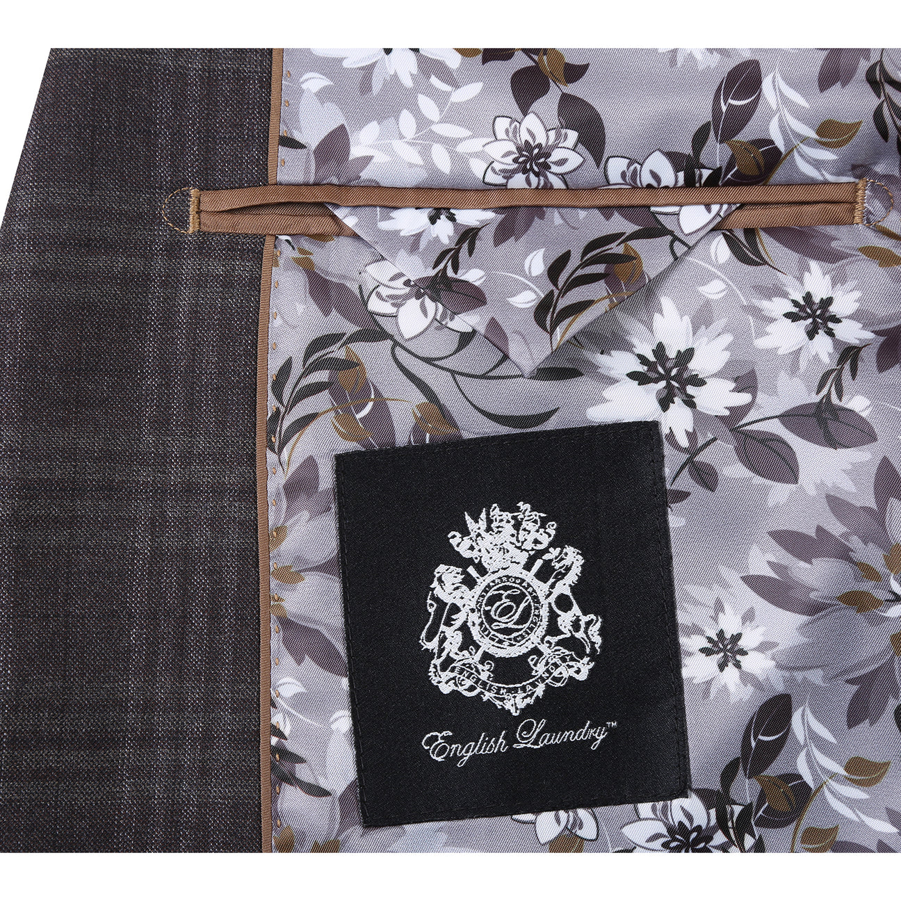 A mannequin showcases the English Laundry ENGLISH LAUNDRY Brown Check Suit EL12-58-555 with notch lapels, paired with a white dress shirt and a blue, brown, and gray striped tie.