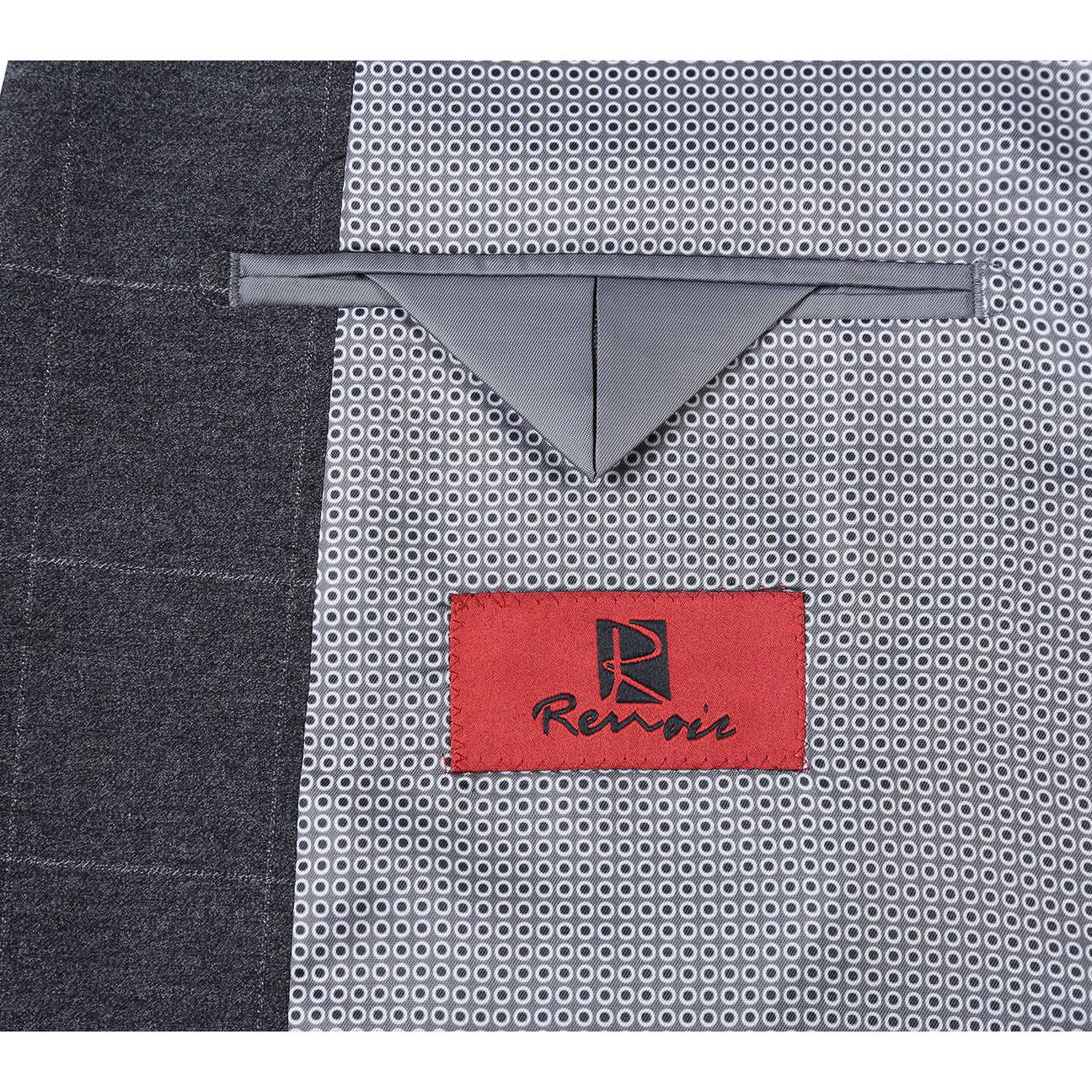The Renoir Alessandro Vitello New Slim Fit Checked Gray Suit 293-31 is showcased on a mannequin over a white dress shirt with a purple polka dot tie, highlighting its modern elegance for men.