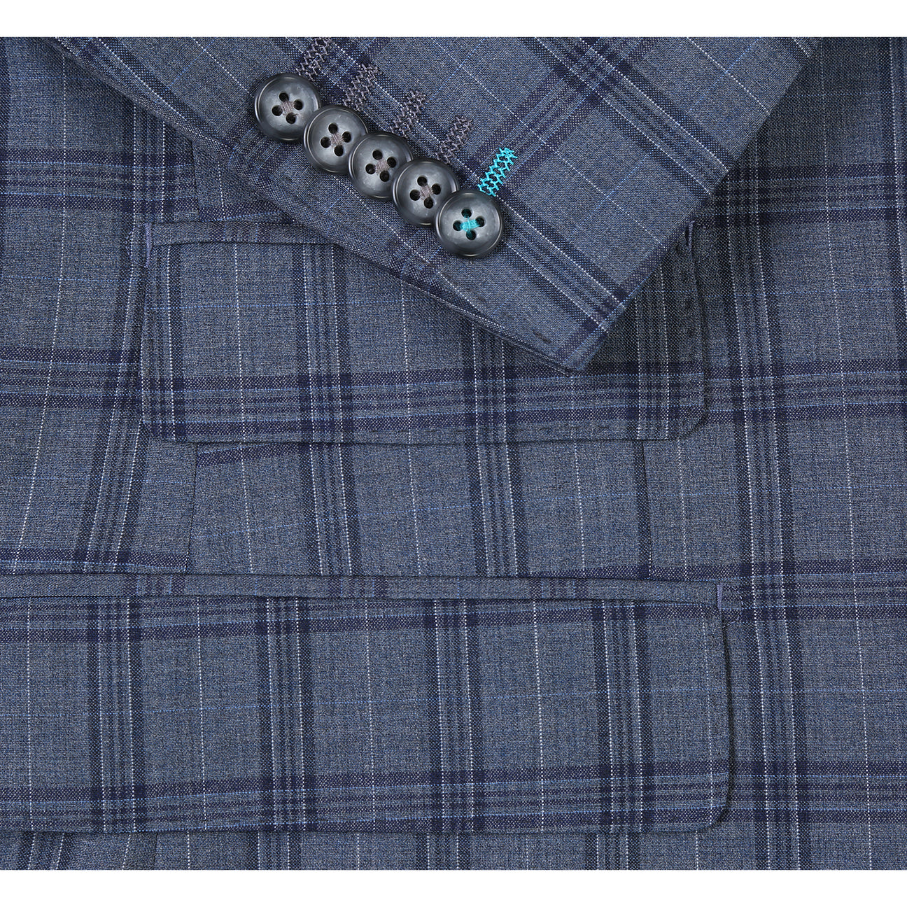 The ENGLISH LAUNDRY Wool Suit EL92-57-093 by English Laundry features a gray plaid slim-fit jacket over a white dress shirt with a red patterned tie, displayed on a mannequin.