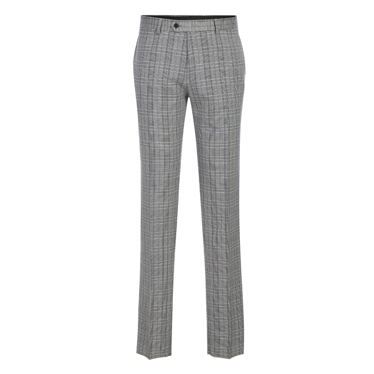 English Laundry 2pc Suit Light Gray 32-50-002EL: Men’s slim-fit single-breasted grey plaid blazer with two-button closure, two front pockets, and a blue patterned lining—versatile for any modern wardrobe. Displayed on a white background.