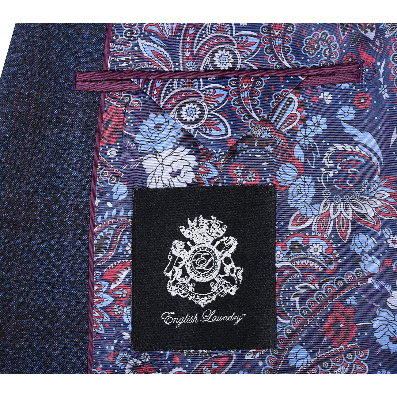 A mannequin wears the English Laundry ENGLISH LAUNDRY Dark Blue Check Suit EL12-55-410 with a white dress shirt and red patterned tie, set against a plain background.