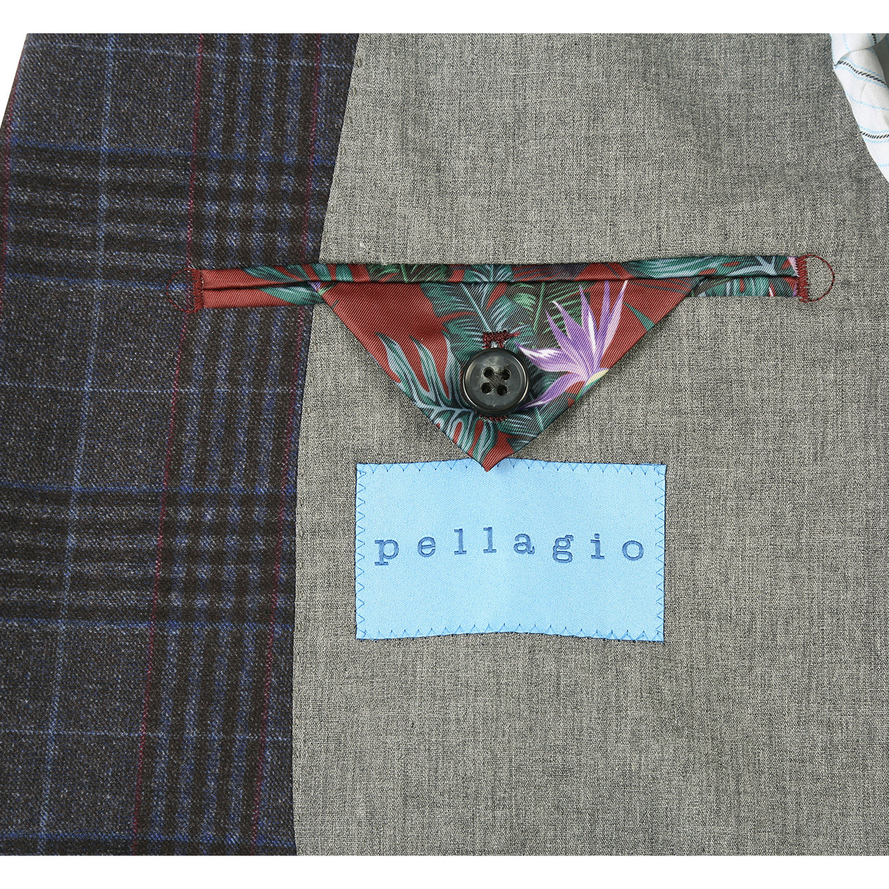 A mannequin features the Pellagio Blue Black Men's Half Canvas Blazer PF24-12, styled with a white shirt, red polka dot tie, and matching pocket square.