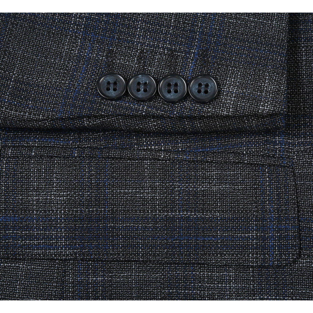 The Alessandro Vitello by Renoir New Slim Fit Gray Blue Blazer 294-39 is a single-breasted, slim fit jacket with a notch lapel, two front buttons, and flap pockets, shown in a dark plaid pattern on a white background.