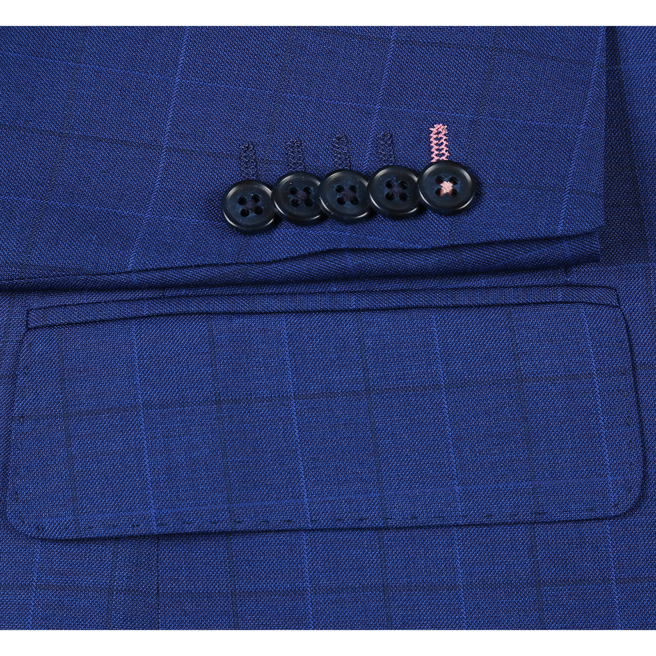 The ENGLISH LAUNDRY Royal Blue Check Suit 12-52-412EL by English Laundry features a slim fit jacket with notch lapels, styled on a mannequin with a white dress shirt and red patterned tie.