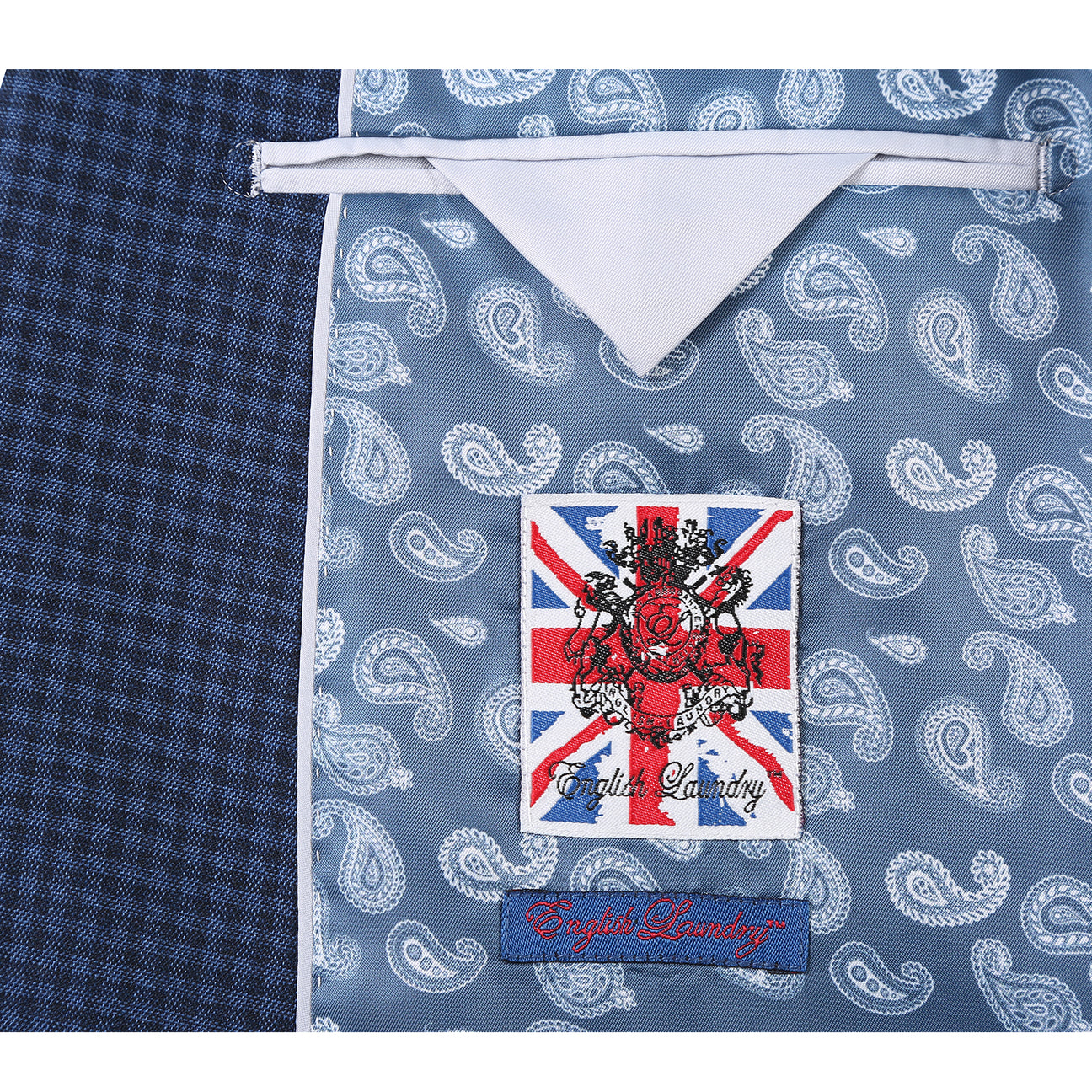 The ENGLISH LAUNDRY Navy Check Suit 22-10-412EL by English Laundry is a slim fit jacket with a two-button closure, styled with a white dress shirt and red patterned tie on a headless mannequin.