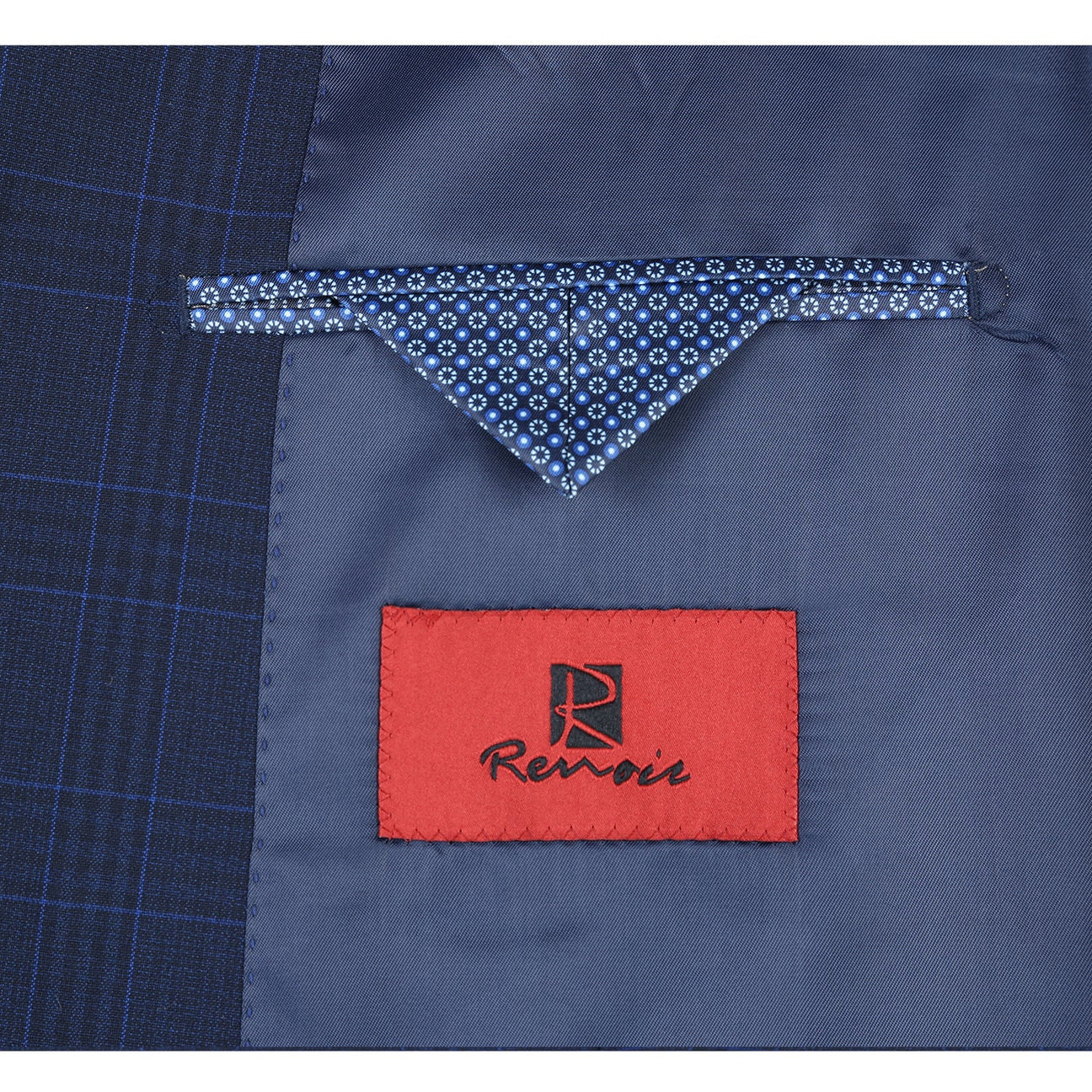 The Alessandro Vitello by Renoir Classic Fit Checked Suit in Marine Blue, styled on a mannequin with a white dress shirt and blue striped tie.