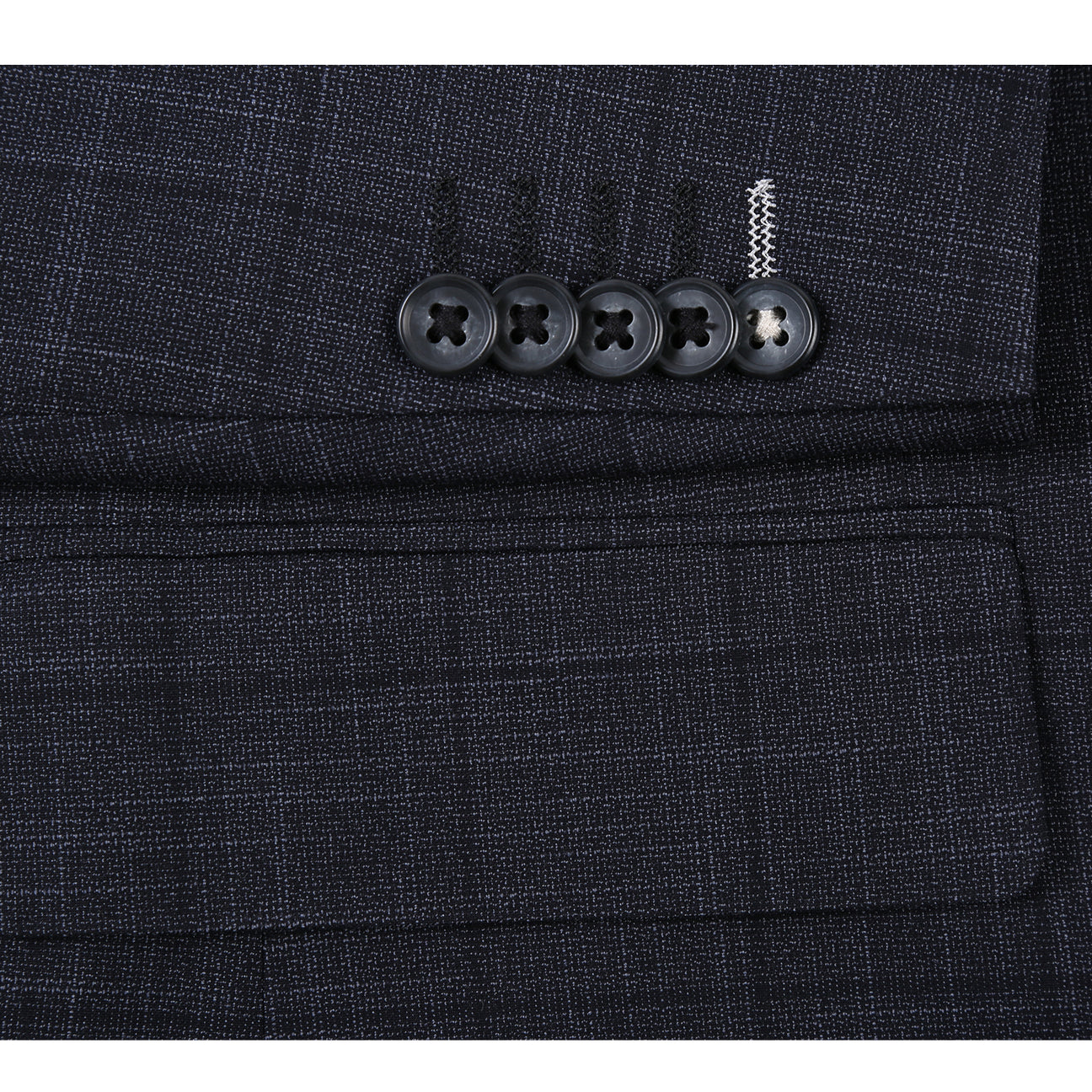 The ENGLISH LAUNDRY Dark Gray Check Suit 22-53-095EL by English Laundry features a slim fit jacket with notch lapels, shown over a white dress shirt and red polka dot tie on a mannequin.
