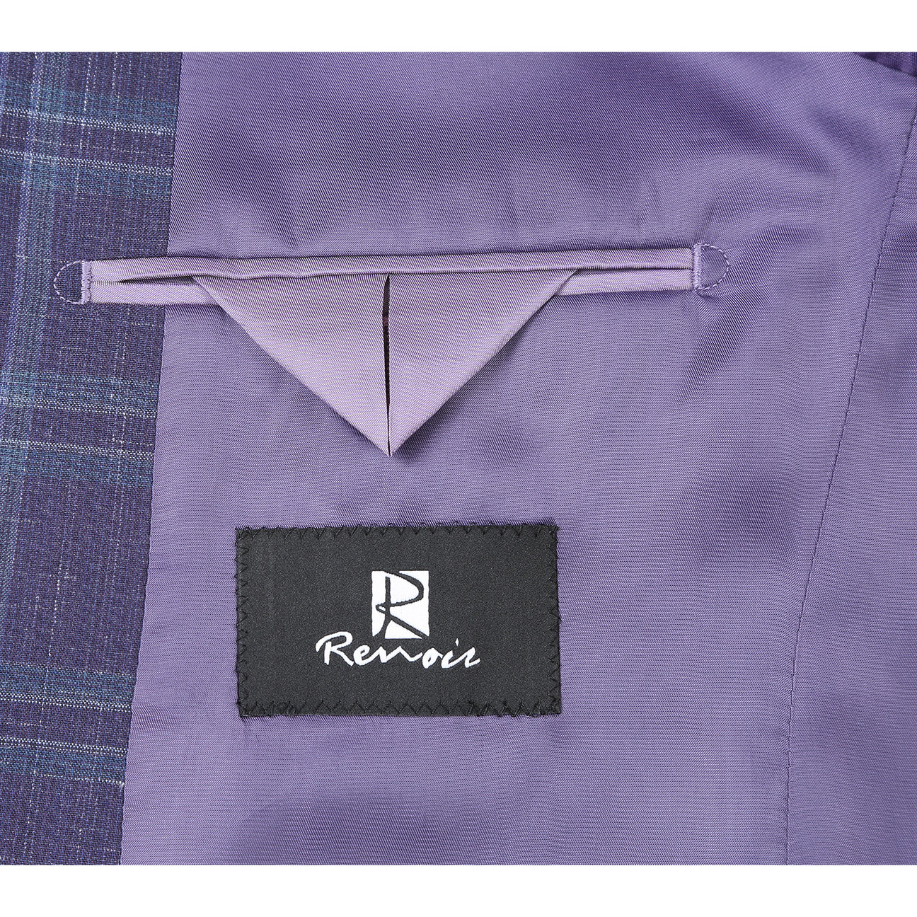 The Alessandro Vitello by Renoir New Slim Fit Wool Blazer Purple Blue 565-6 is displayed on a mannequin, highlighting its slim fit and single-breasted design. It includes a white shirt, red tie, pocket square, notch lapel, and two-button closure.