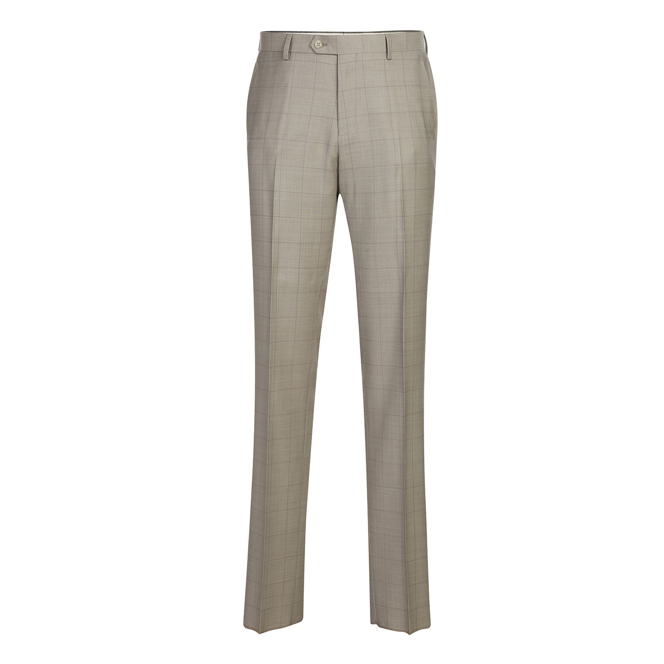 The Alessandro Vitello by Renoir Classic Fit Suit 566-10, in light gray plaid with notch lapels, is styled on a mannequin with a white dress shirt and blue striped tie.