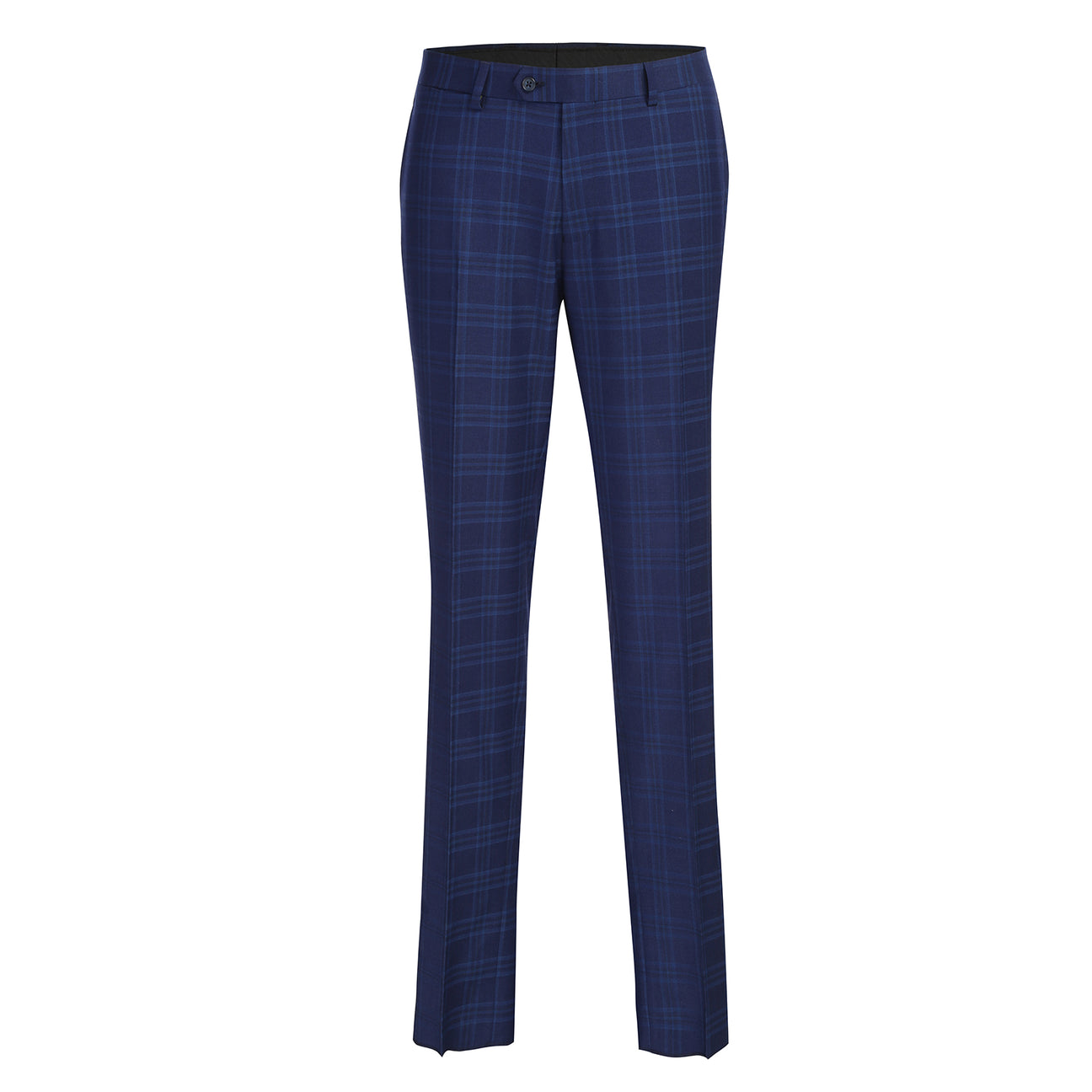 The English Laundry 2pc Suit Blue 32-60-400EL is a men's slim fit navy plaid blazer featuring a notched lapel, two-button closure, and blue patterned lining.