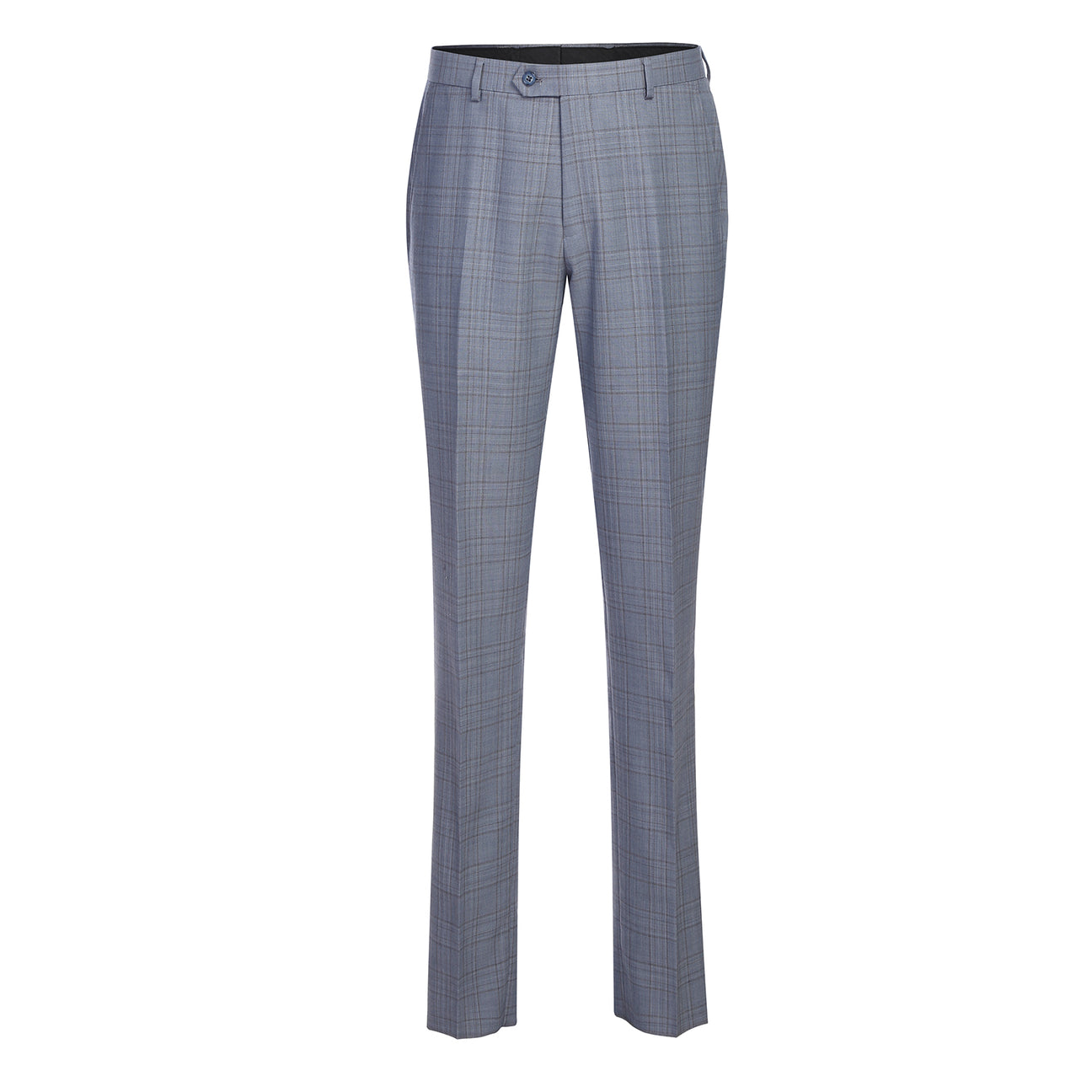 The Renoir Alessandro Vitello by Renoir Classic Fit Wool Blue Suit 568-7, featuring notch lapels, is displayed on a mannequin over a white dress shirt and navy blue patterned tie.