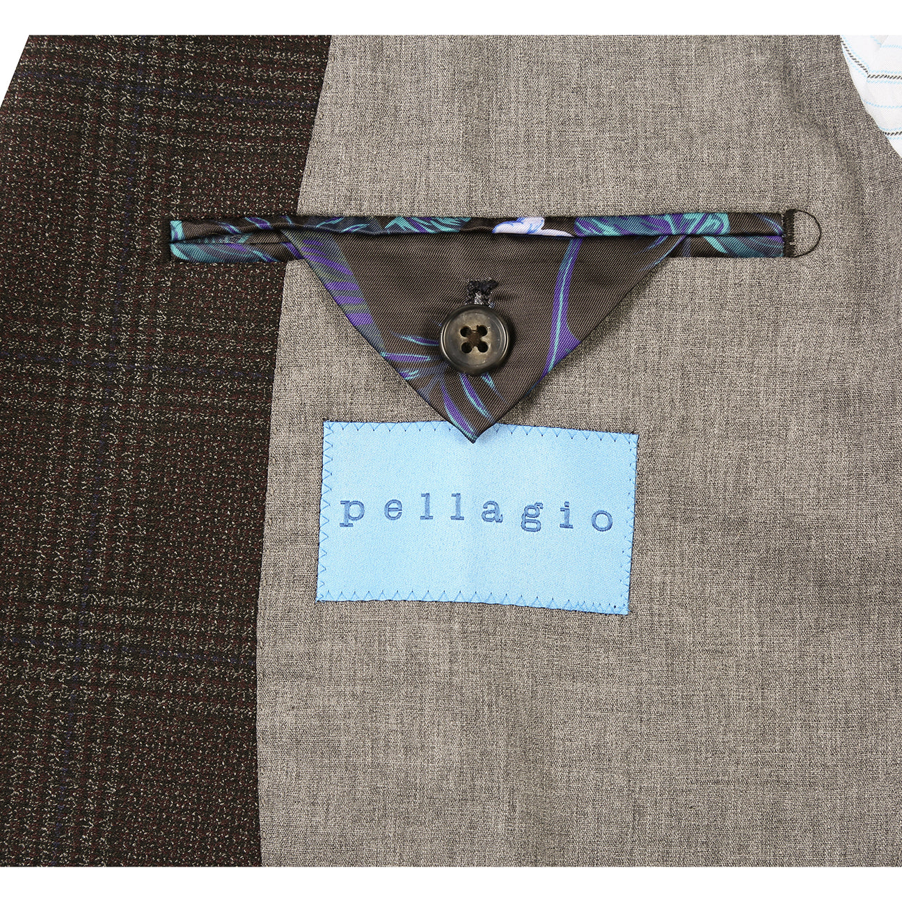 The Pellagio Dark Brown Men's Half Canvas Blazer PF24-13, with a notched lapel, is displayed on a mannequin, paired with a white shirt and striped tie. The blue pocket square adds elegance to this slim fit single-breasted blazer from Pellagio.