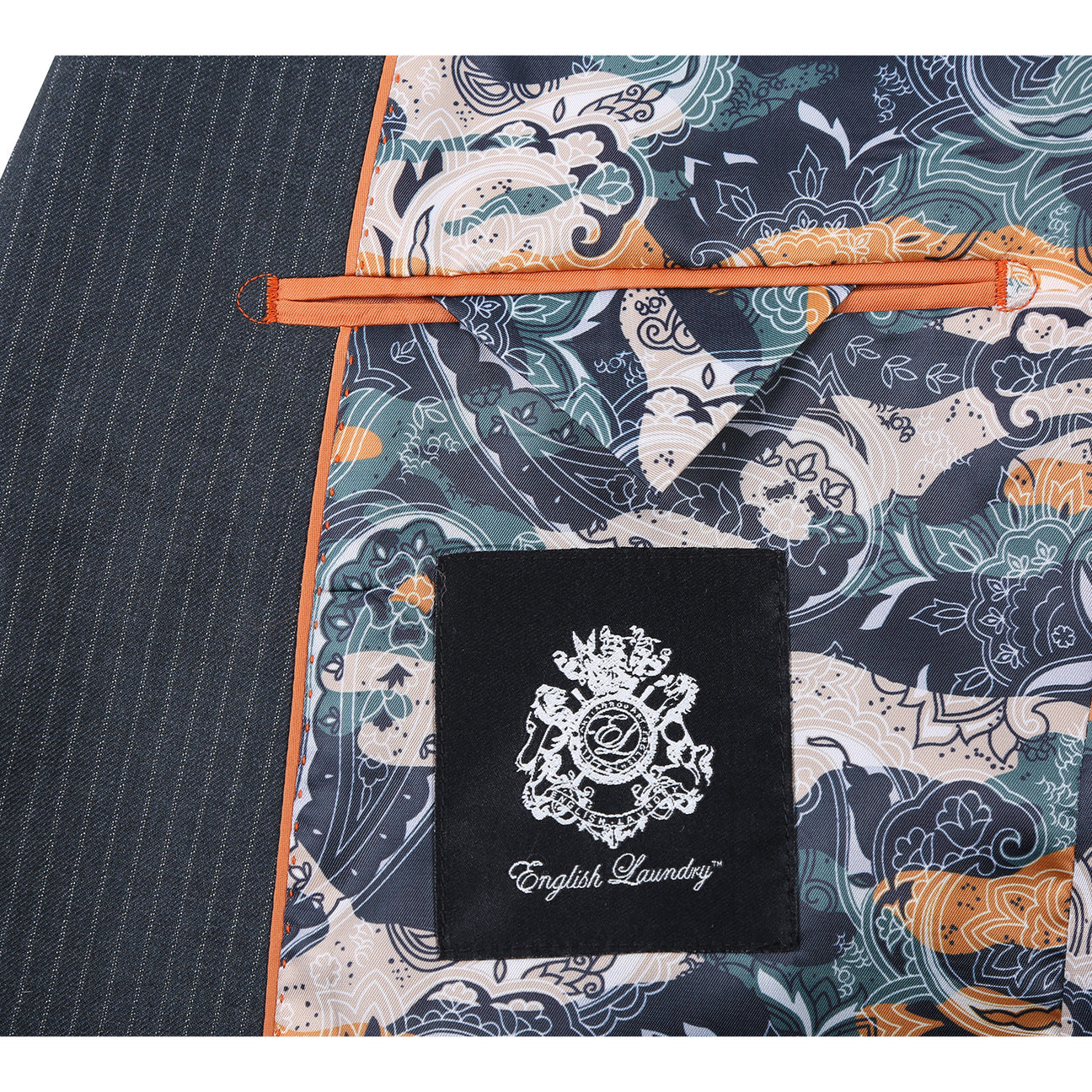 The ENGLISH LAUNDRY Black Stripe Suit EL12-33-341 by English Laundry is shown on a headless mannequin, styled with a white dress shirt and striped tie against a plain background.