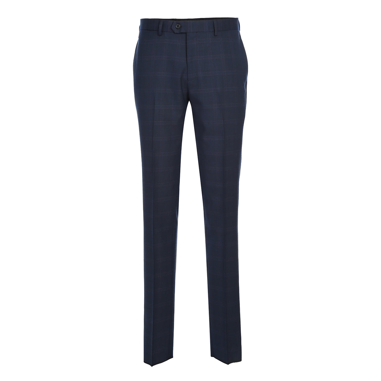 The ENGLISH LAUNDRY 2pc Suit Navy 32-55-410EL by English Laundry features a navy blue plaid blazer with single button closure, front pockets, and blue paisley inner lining in a comfy polyester-rayon-spandex blend, shown on a white background.