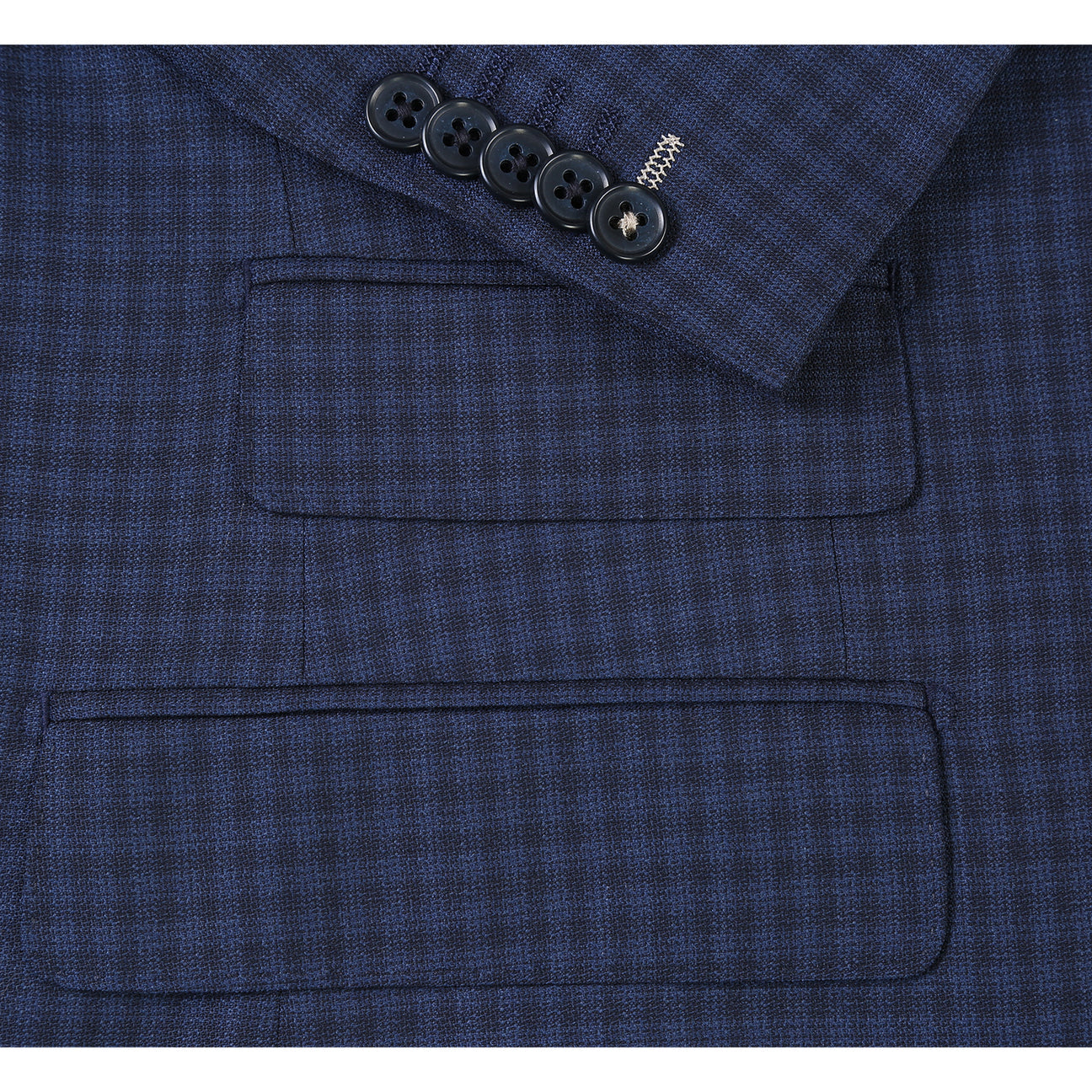 The ENGLISH LAUNDRY Wool Suit EL92-51-410 by English Laundry is a navy blue checkered slim fit jacket, shown over a white dress shirt with a red patterned tie on a headless mannequin.