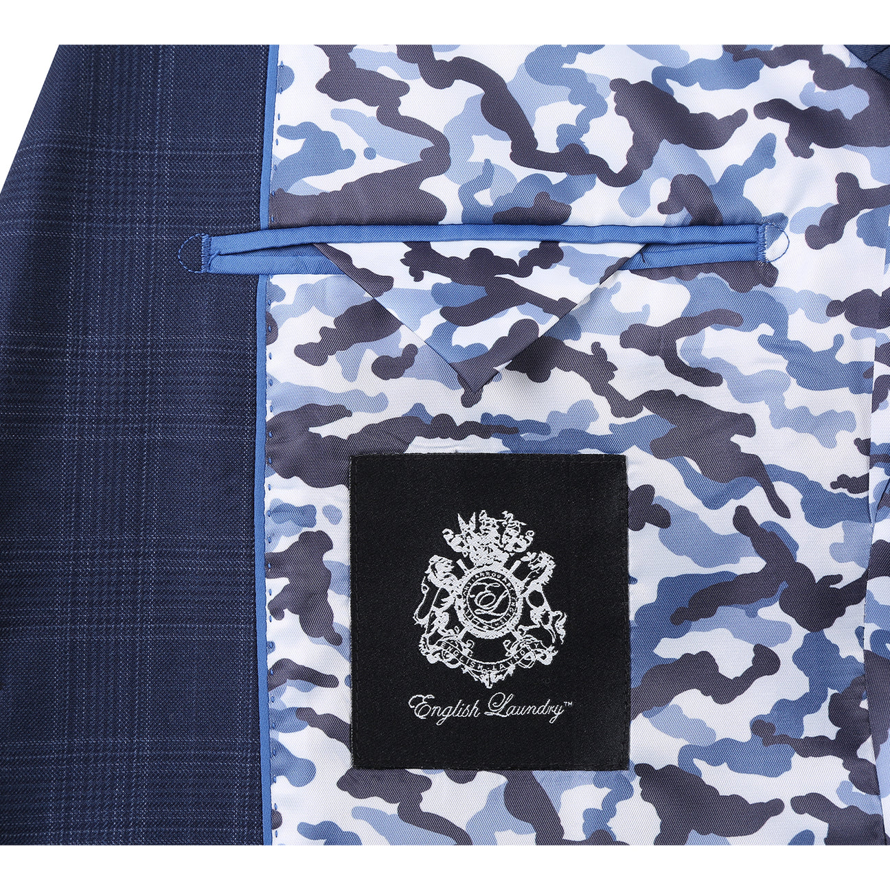 The ENGLISH LAUNDRY Blue Check Suit EL12-50-410 by English Laundry features a classic blue check pattern with notch lapels, paired with a white dress shirt and red patterned tie—an elegant, timeless men's style.