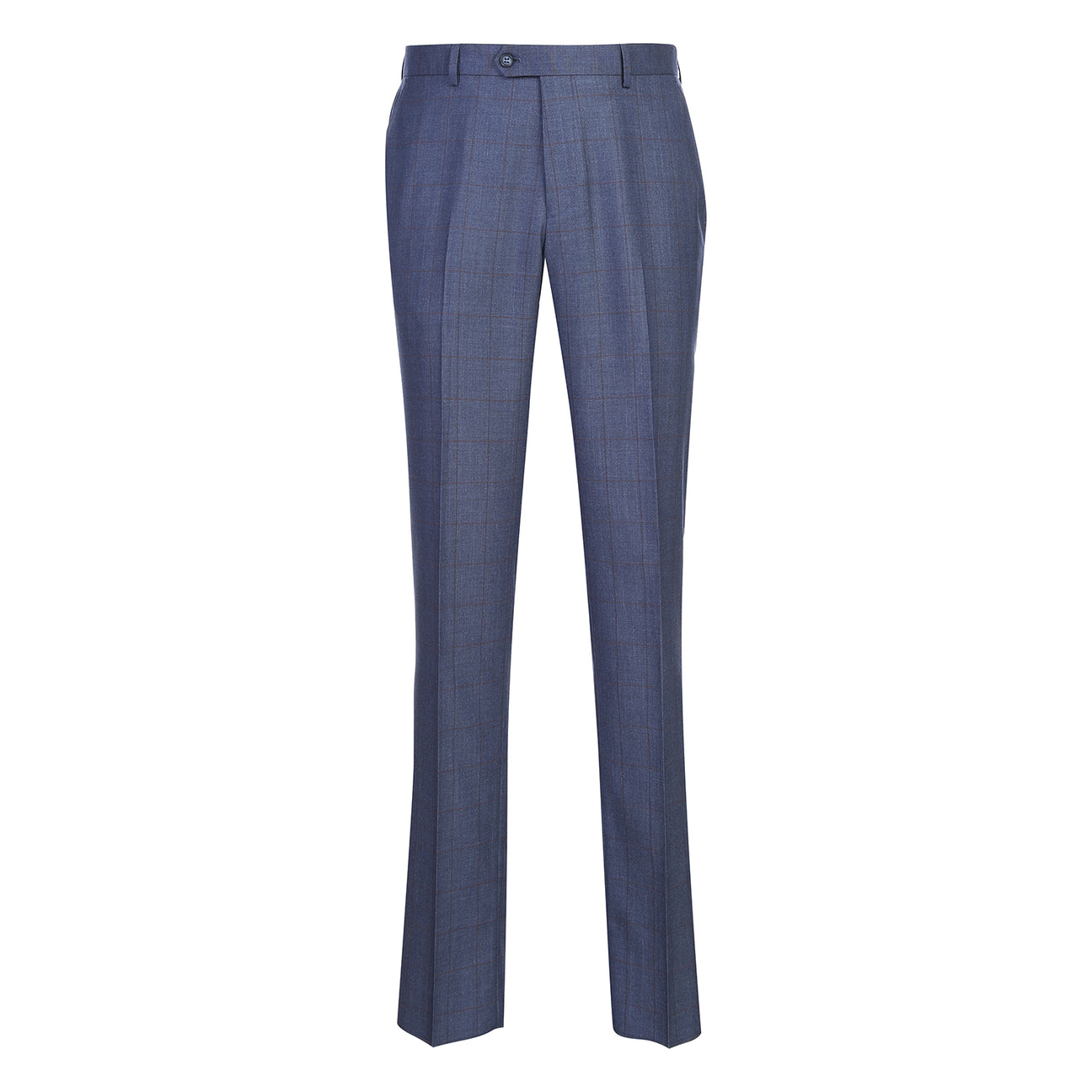 The Alessandro Vitello by Renoir Classic Fit Suit 293-56 features a blue side-vented jacket with a 3-inch notch lapel, flat front pants, four cuff buttons, plus fabric, stitching, and brand label close-ups from Renoir.