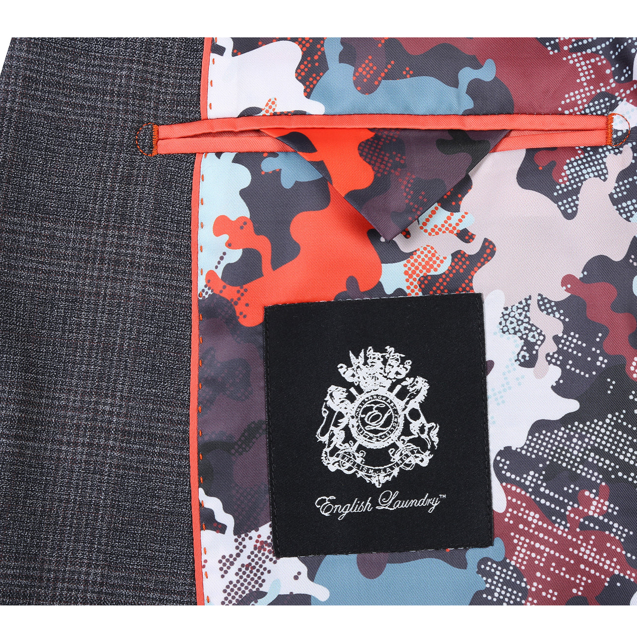 The ENGLISH LAUNDRY Dark Gray Check Suit EL12-57-095 by English Laundry is displayed on a mannequin, styled with a white dress shirt and a red patterned tie.