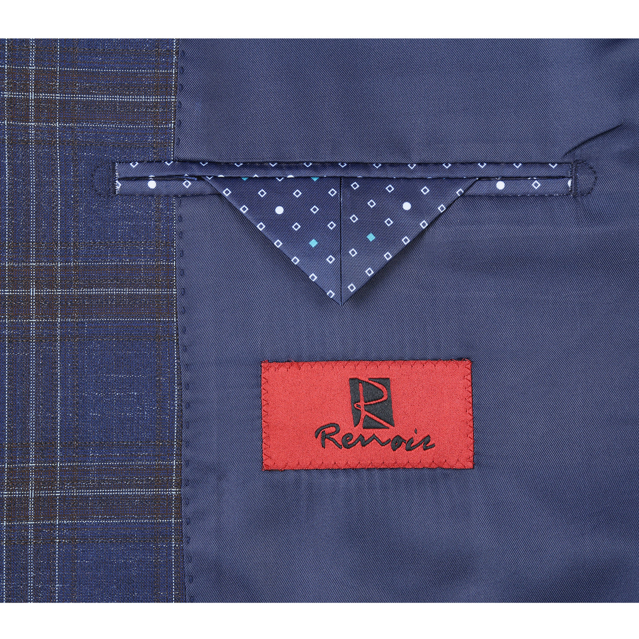 The Alessandro Vitello by Renoir Blue Slim Fit Side Vented Blazer 294-19, styled with a white shirt and purple polka dot tie, is elegantly displayed on a mannequin.