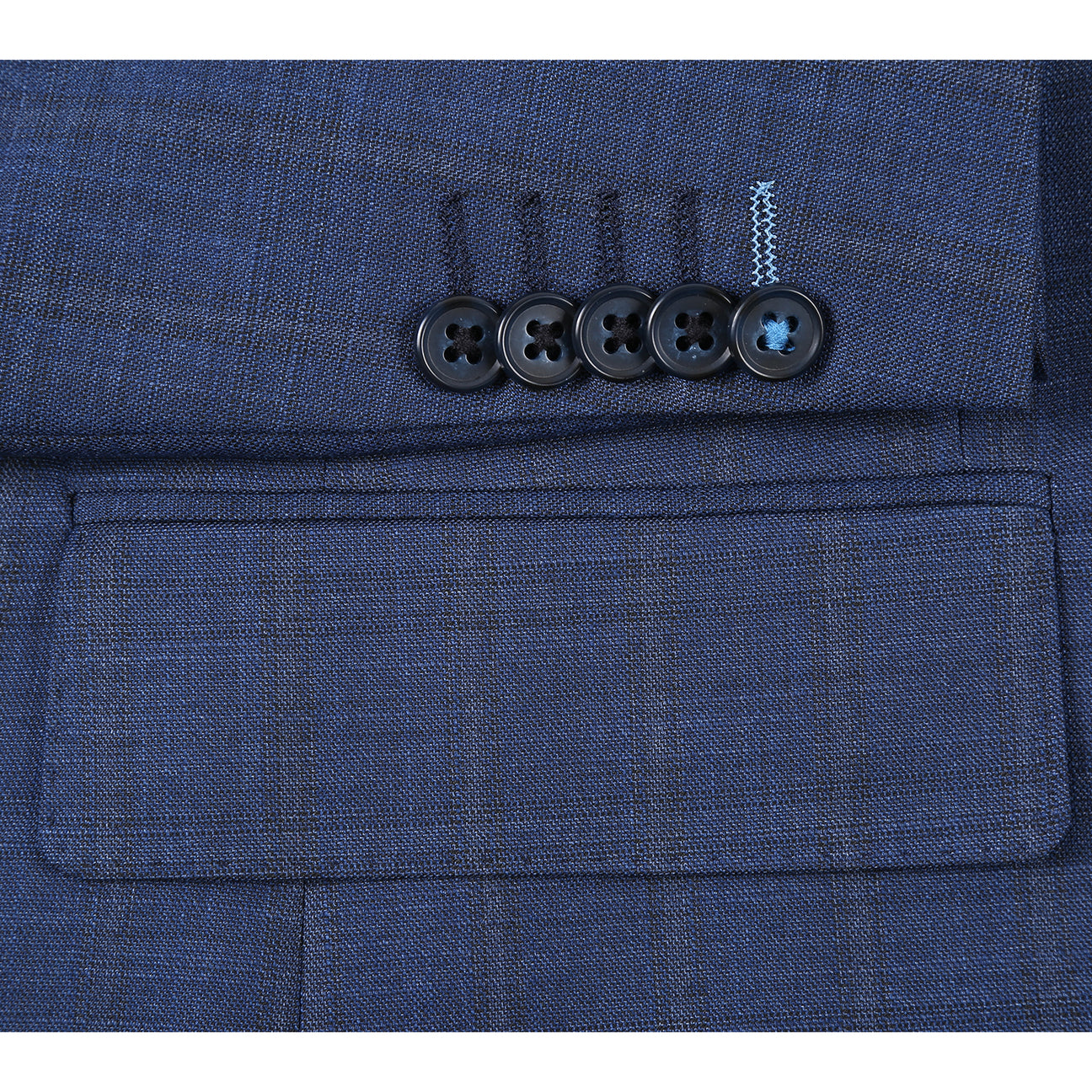 The ENGLISH LAUNDRY Blue Check Suit 22-52-402EL by English Laundry features a slim fit jacket with notch lapels and two-button closure, shown with a white dress shirt and red patterned tie on a mannequin.